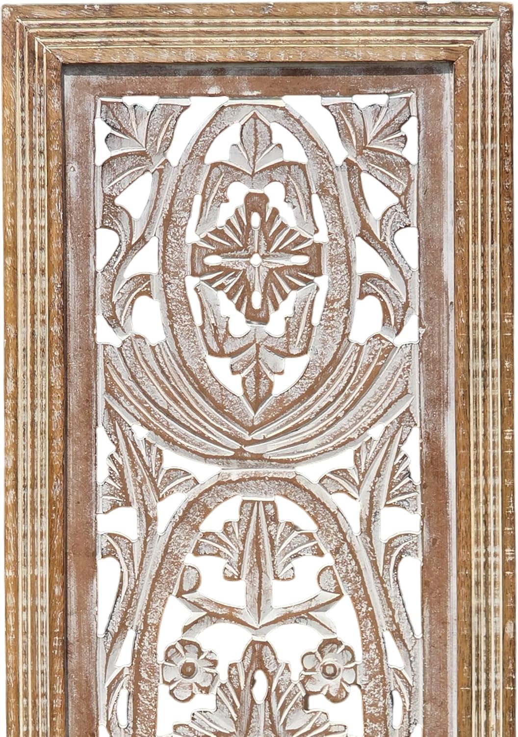 Benzara BM01908 Rectangular Mango Wood Wall Panel Hand Crafted With Intricate Carving, White and Brown