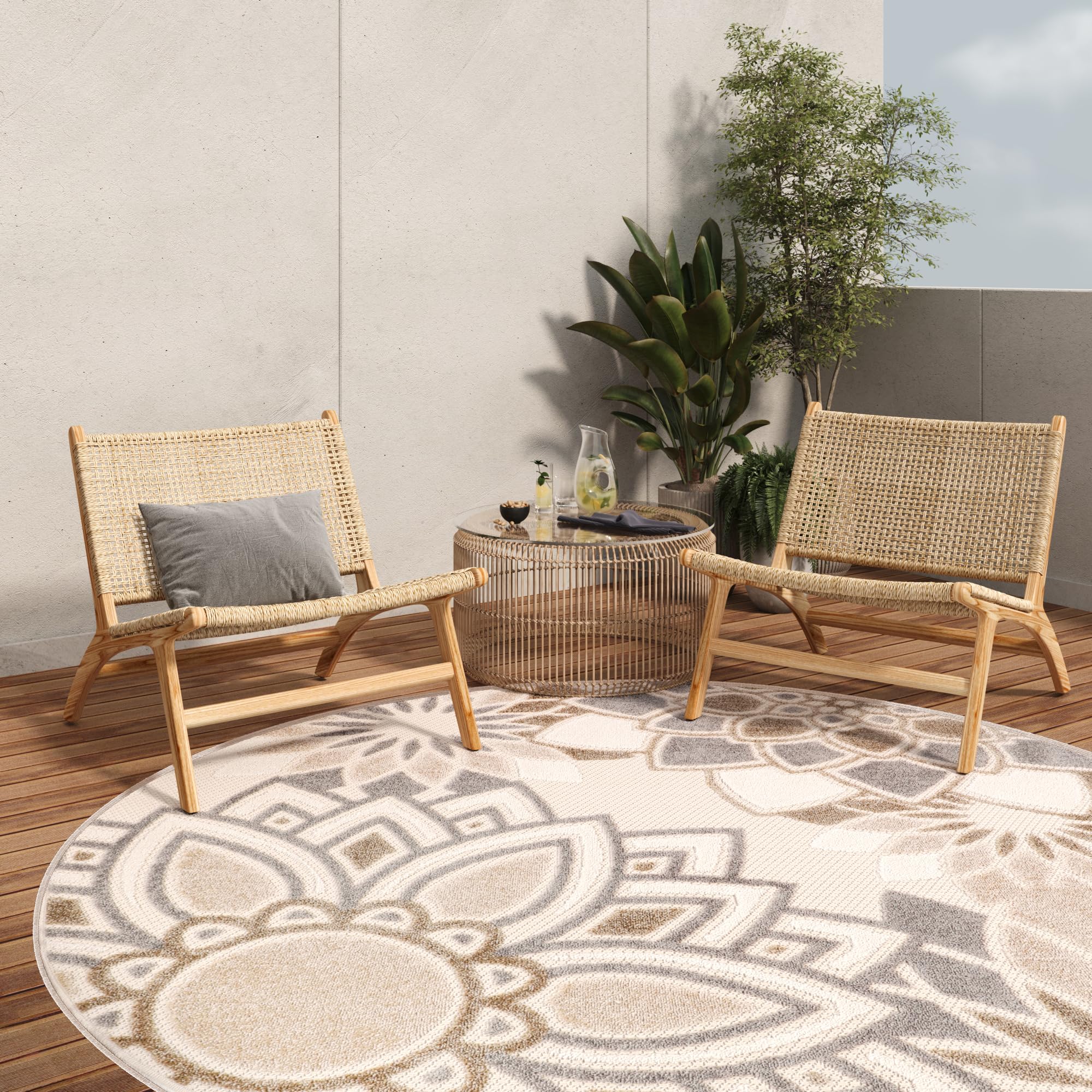 TAPISO Tappeto Rotondo Esterno Interno Pelo Corto Design Moderno Motivo Astratto Floreale 3D Beige Panna 100 x 100 cm