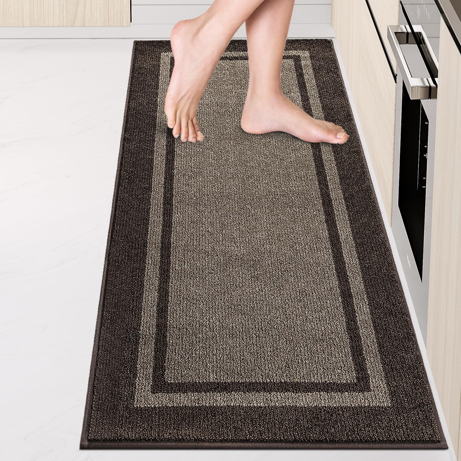 Kitchen Rugs 24" x 70", Non-Slip Machine Washable Kitchen Runner Rugs Floor Mats, Absorbent Comfort Standing Mats for Kitchen, Sink, Laundry and Hallway, Rolled Packaging, Grayish Brown & Coffee