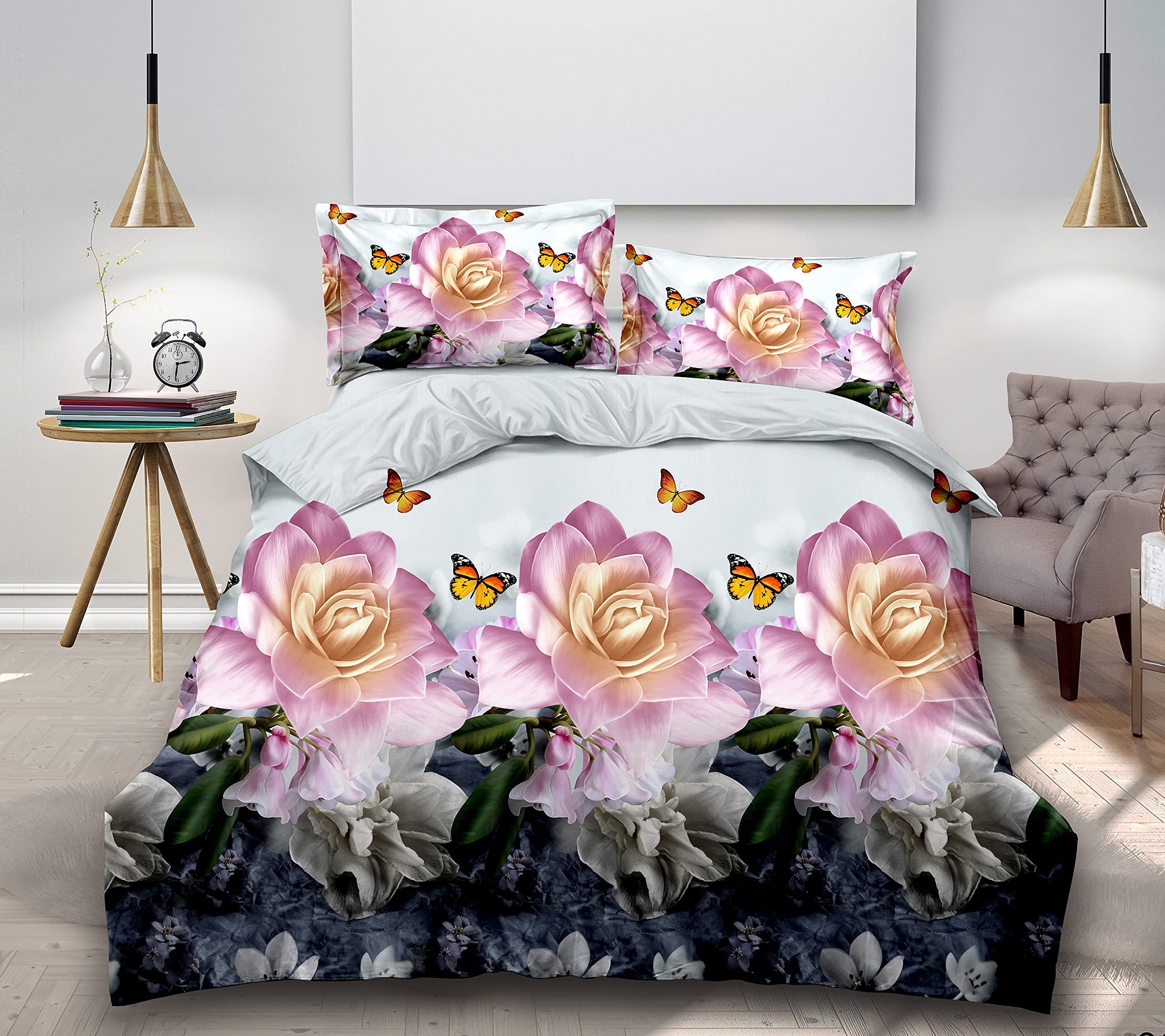 Thl Flower Butterfly 362 4 Pcs Complete Bedding Set 3D Design Floral Printed Duvet Cover With Fitted Sheet Pillowcases (, King)