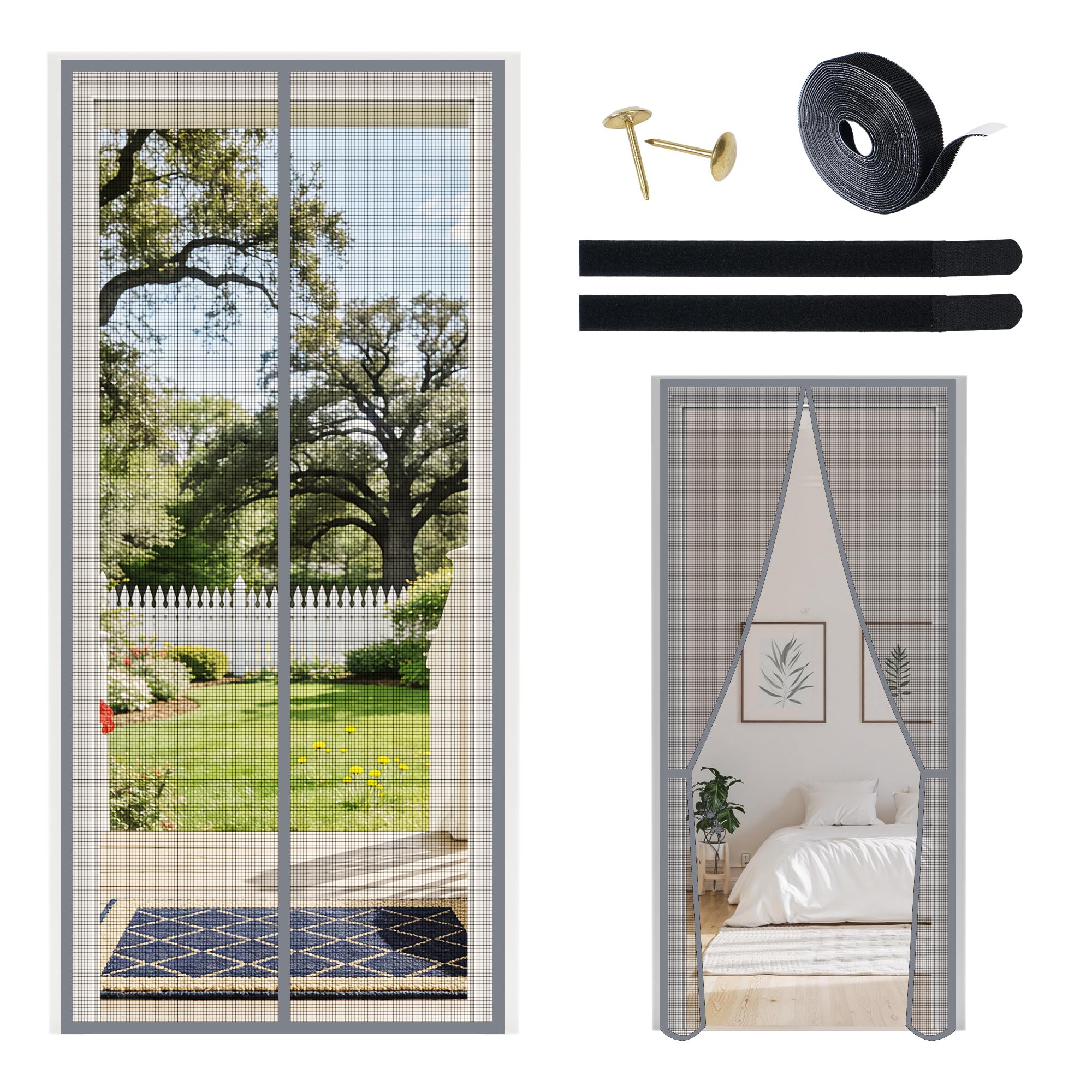 Magnetic Fly Screen Door Curtain 80x200cm - No Drill Installation with Reinforced Hook-and-Loop Fasteners & Side Buckles, Strong Magnets & Weighted Bottom for Patio, Balcony, Bedroom Doors (Gray)