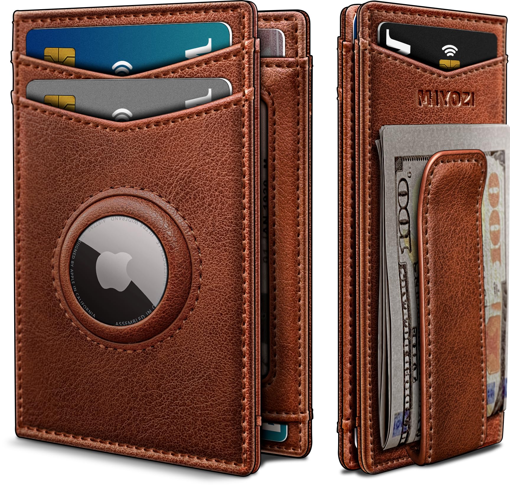 MIYOZI Airtag Wallet for Men 9-11Cards, with Money Clip ID Window Gift Boxed, Slim Genuine Leather Front Pocket Wallet, Magnetic Closure Card Holder RFID Blocking