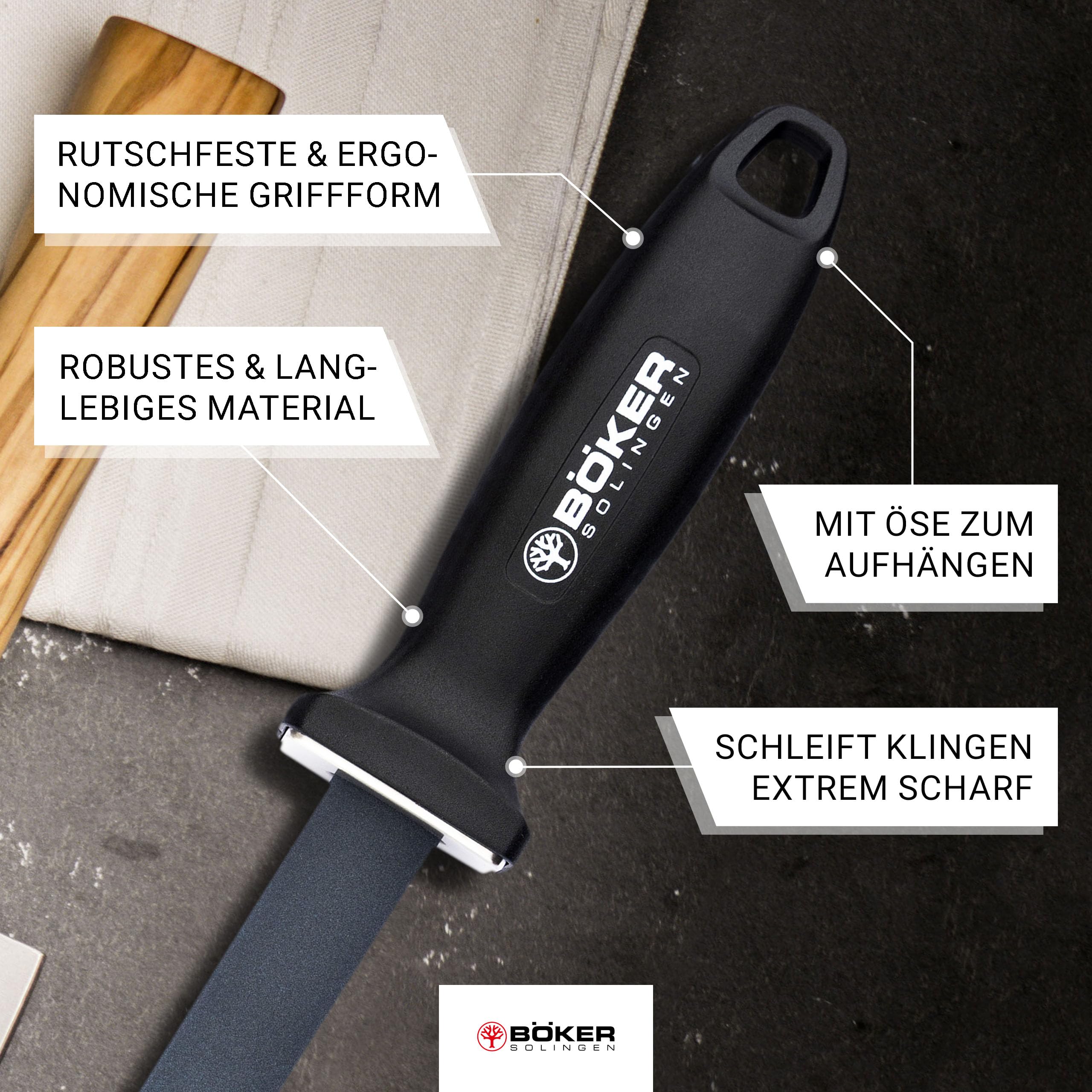 BÖKER SOLINGEN® Keramik Schleifstab für Messer - Abziehstahl mit Klinge 28 cm lang - Profi Wetzstahl oval mit Winkel-Hilfe 20° - Küchen Wetzstab Messer-Schärfer mit mittlerer Körnung 1000