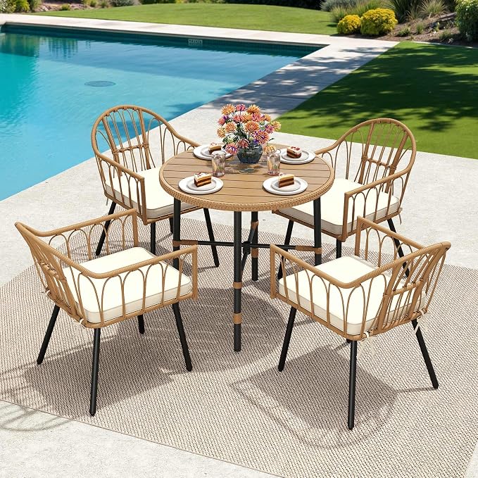 5 Piece Outdoor Patio Dining Table Chair Set,Wicker Patio Dining Set,Outdoor Rattan Dining Table Set for Patio, Backyard, Balcony, Garden (with Umbrella Hole)