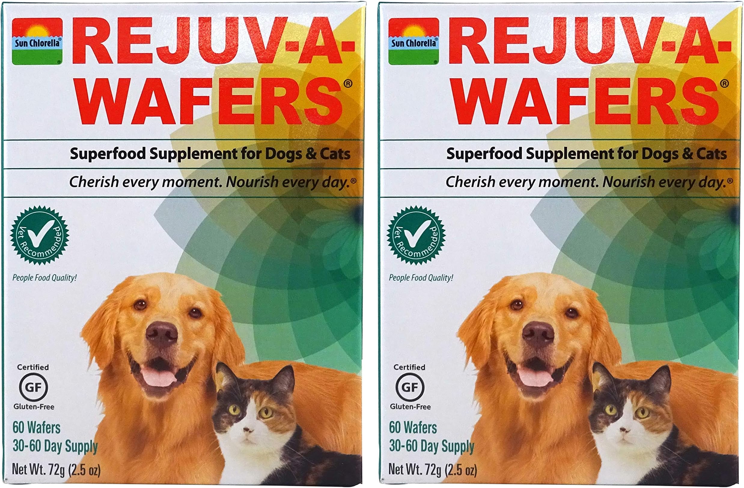 SUN CHLORELLA Rejuv-A-Wafers - Chlorella & Eleuthero Superfood Supplement For Dogs And Cats (60 Wafers) PACK OF TWO
