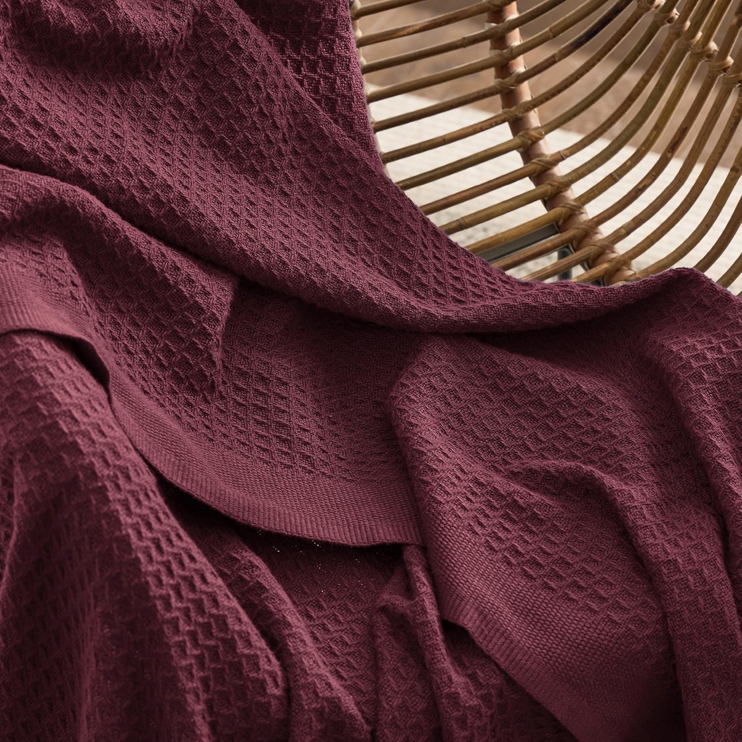 Bedsure Gentlesoft 100% Cotton Blanket Queen Size for Bed - Breathable and Soft for Spring Summer, Thick Cozy Waffle Weave Blanket Gifts for Women, Burgundy, 90x90 Inches - Image 4