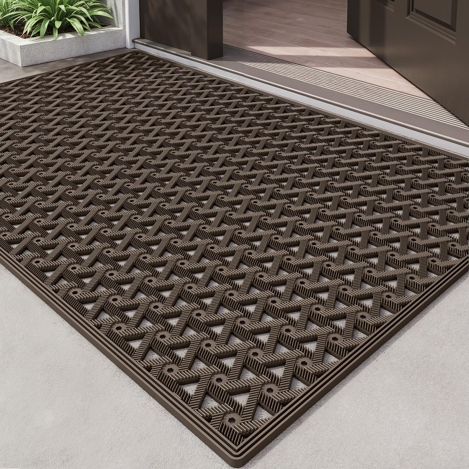 DEXI Outdoor Door Mat 81 x 122 cm, Non Slip Dirt Trapper Doormats Waterproof with Drainage Holes, Low Profile Entry Mats for Entrance, Patio, Garden, Brown