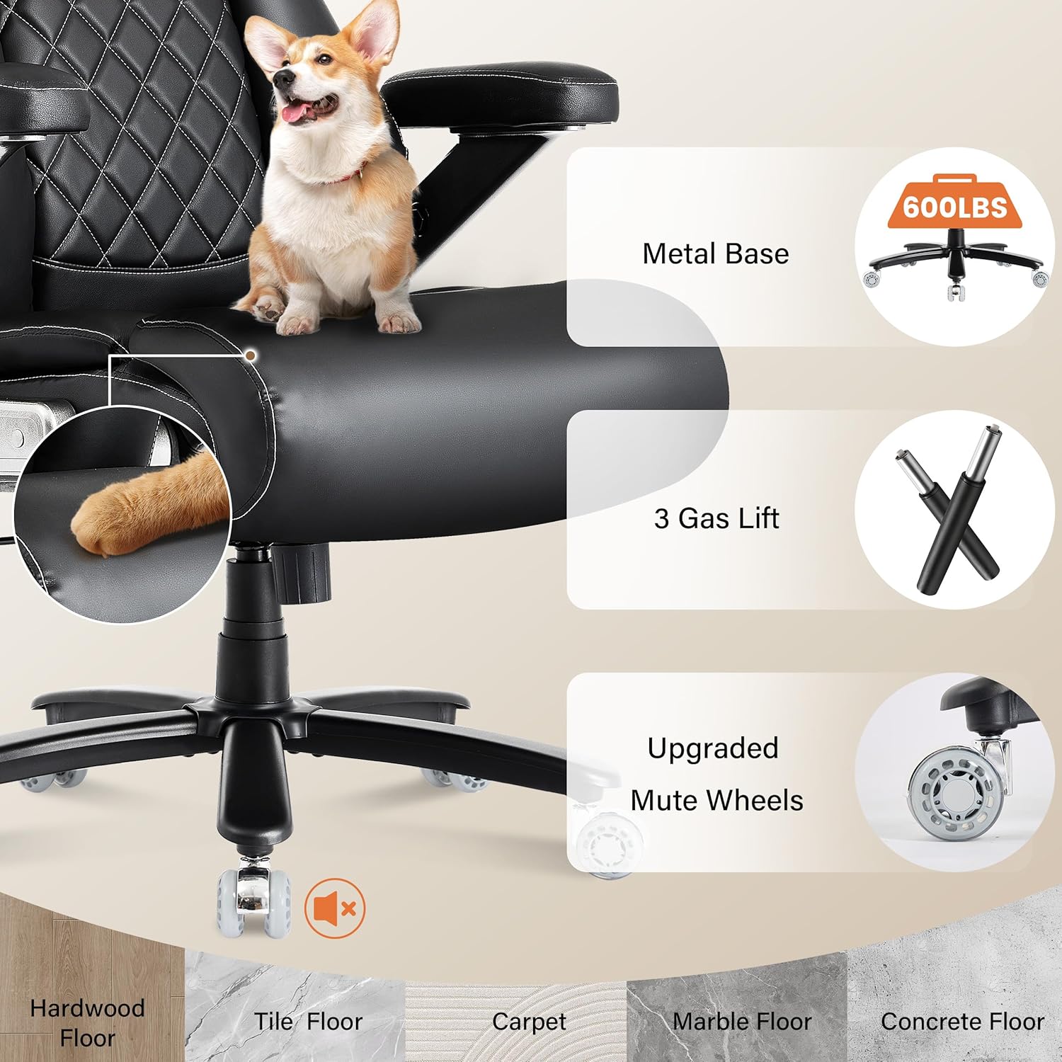 600LBS Large Big and Tall Office Chair, Heavy Duty Wide Ergonomic Gaming Office Chair with 5D Flip Arms, Comfy PU Leather Executive Office Desk Chair, Extra Wide Padded Seat, Adjustable Lumbar