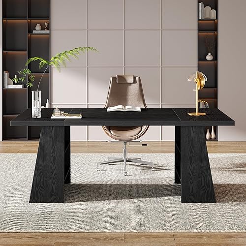 Miniatura 5 de Tribesigns Escritorio ejecutivo de 63 pulgadas, moderno escritorio de oficina negro con doble pedestal y estantes de almacenamiento, mesa de
