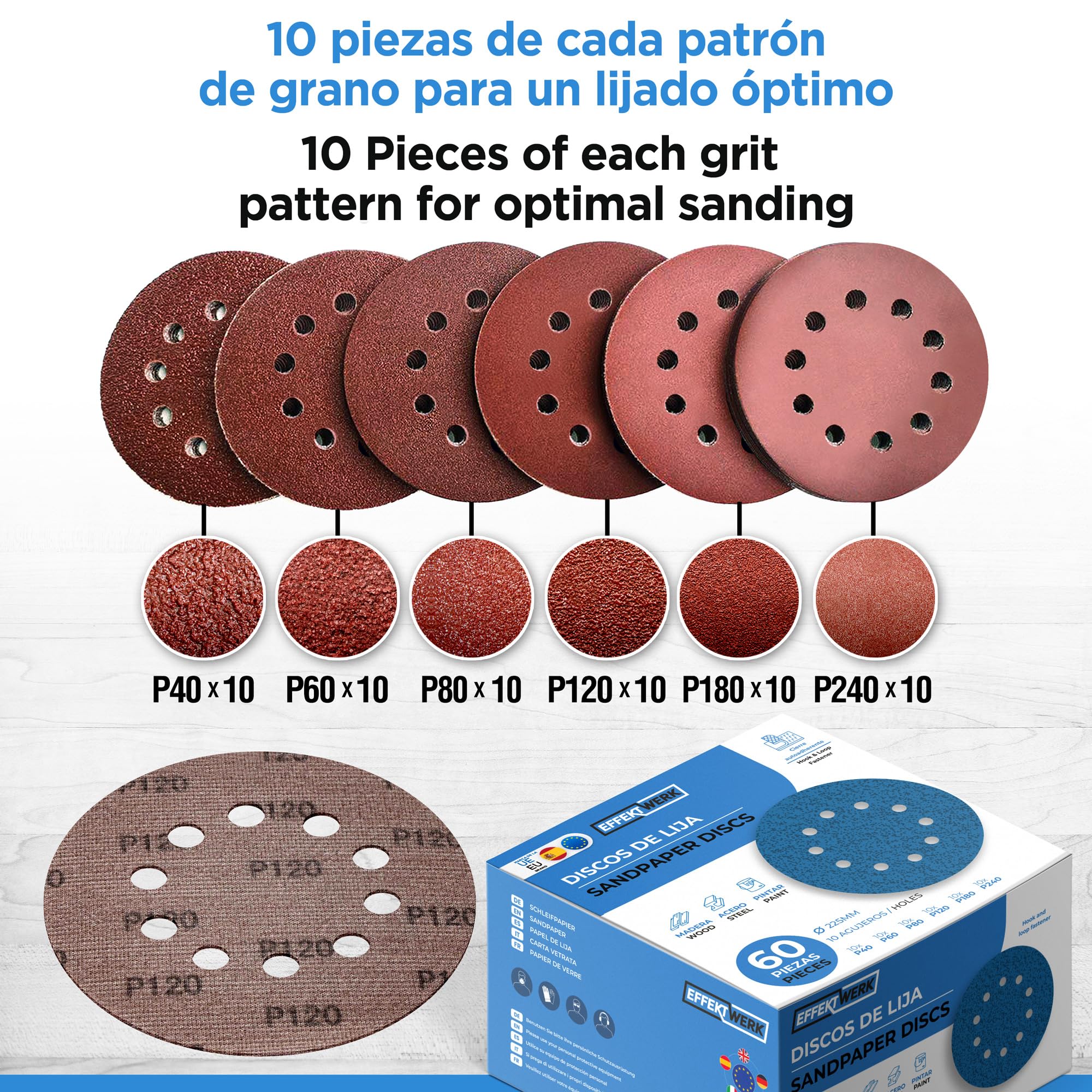 Discos de lijado (paquete de 60, 10 agujeros), papel de lija de 225 mm para lijado fino y grueso, varios tamaños de grano 40/60/80/120/180/240 (10 unidades cada uno)