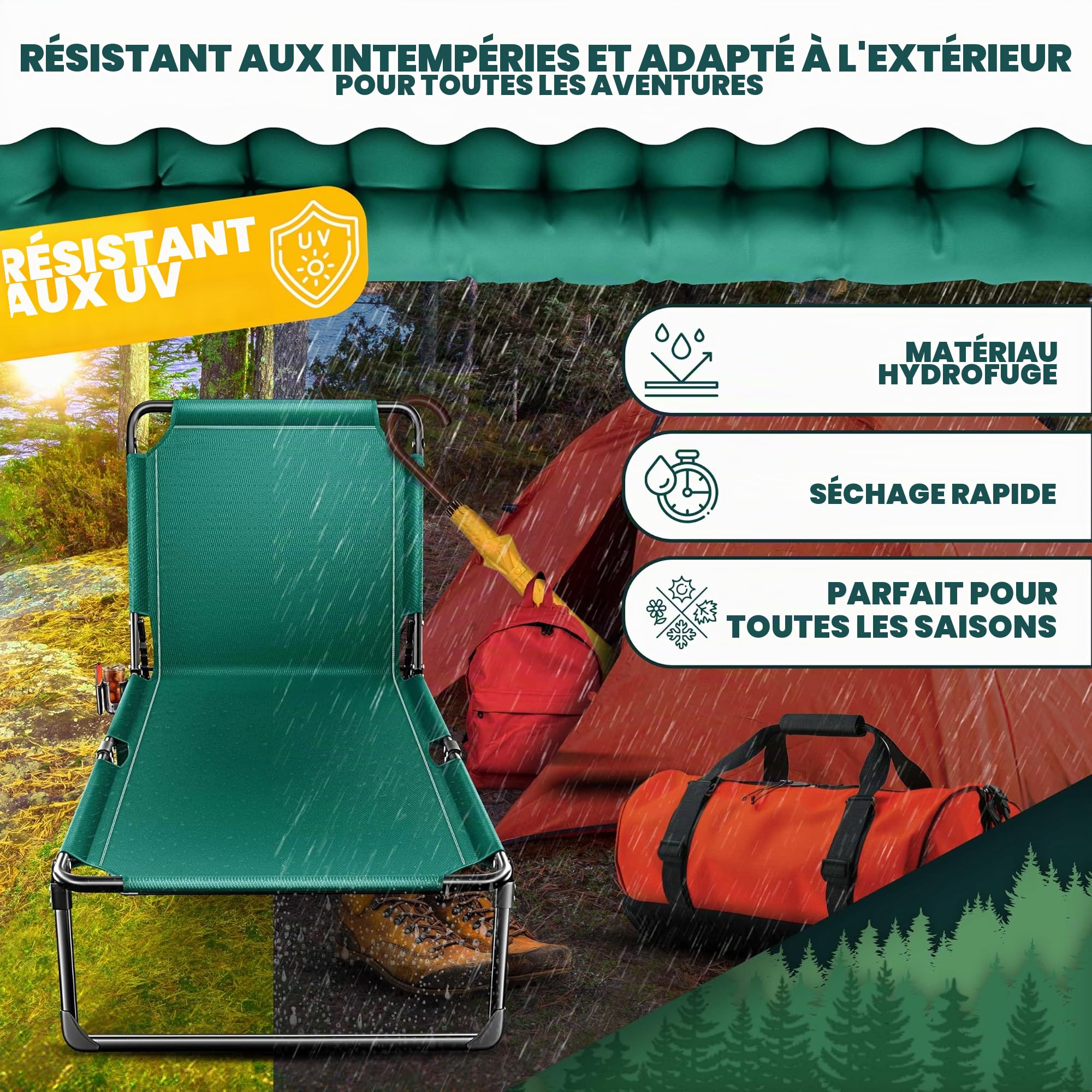 KESSER® Lit de camping pliable 190 x 68 x 30 cm - Charge maximale : 250 kg - En tissu Oxford et structure en acier robuste - Chaise longue pour camping avec sac de transport, coussin de nuque, poche