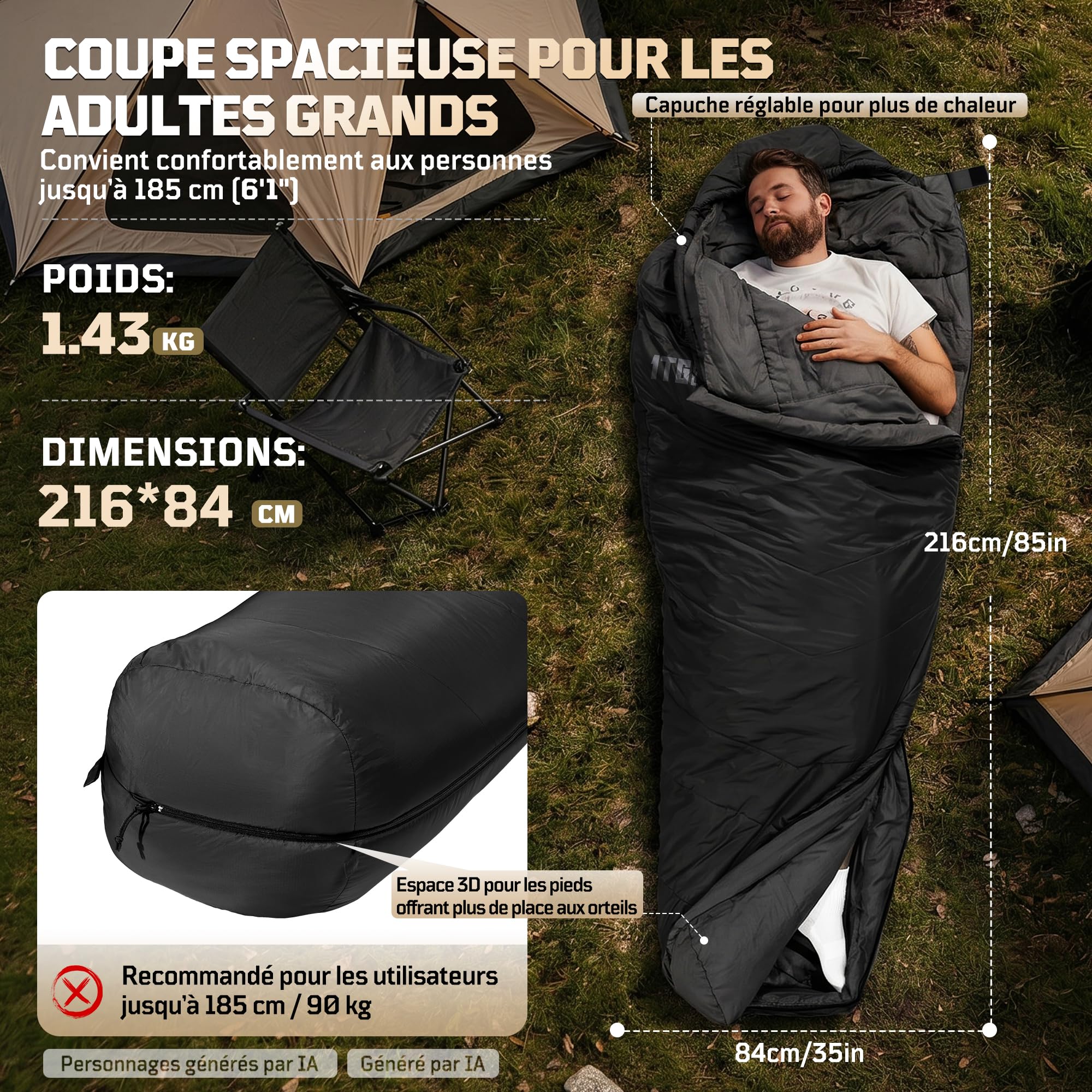 Sac de couchage sarcophage 2-3 saisons (confort 6 °C) – Sac de couchage d'été respirant pour adultes jusqu'à 185 cm – Nylon Ripstop compact 40D avec sac de compression pour camping, randonnée et