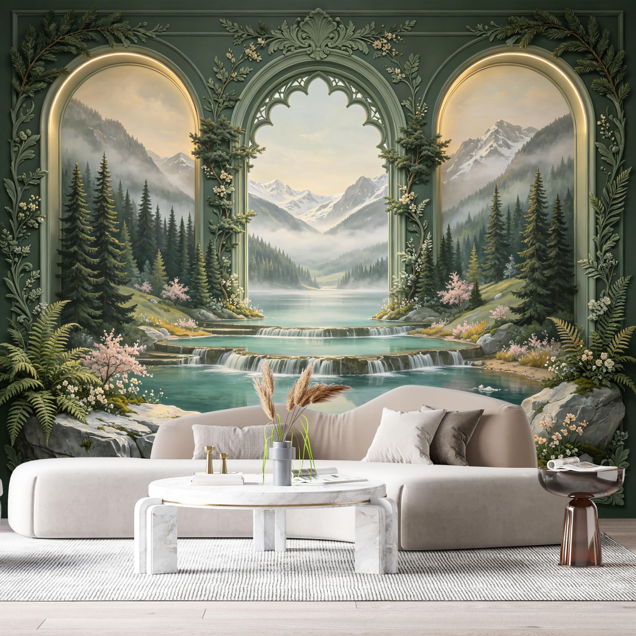 Custom Size Wall Murals Mountain Lake Waterfall Archway 3D Trompe L'Oeil SelfAdhesiveWall Fabric Removable Wallpaper Wall Decor for Living Room Bedroom Bathroom