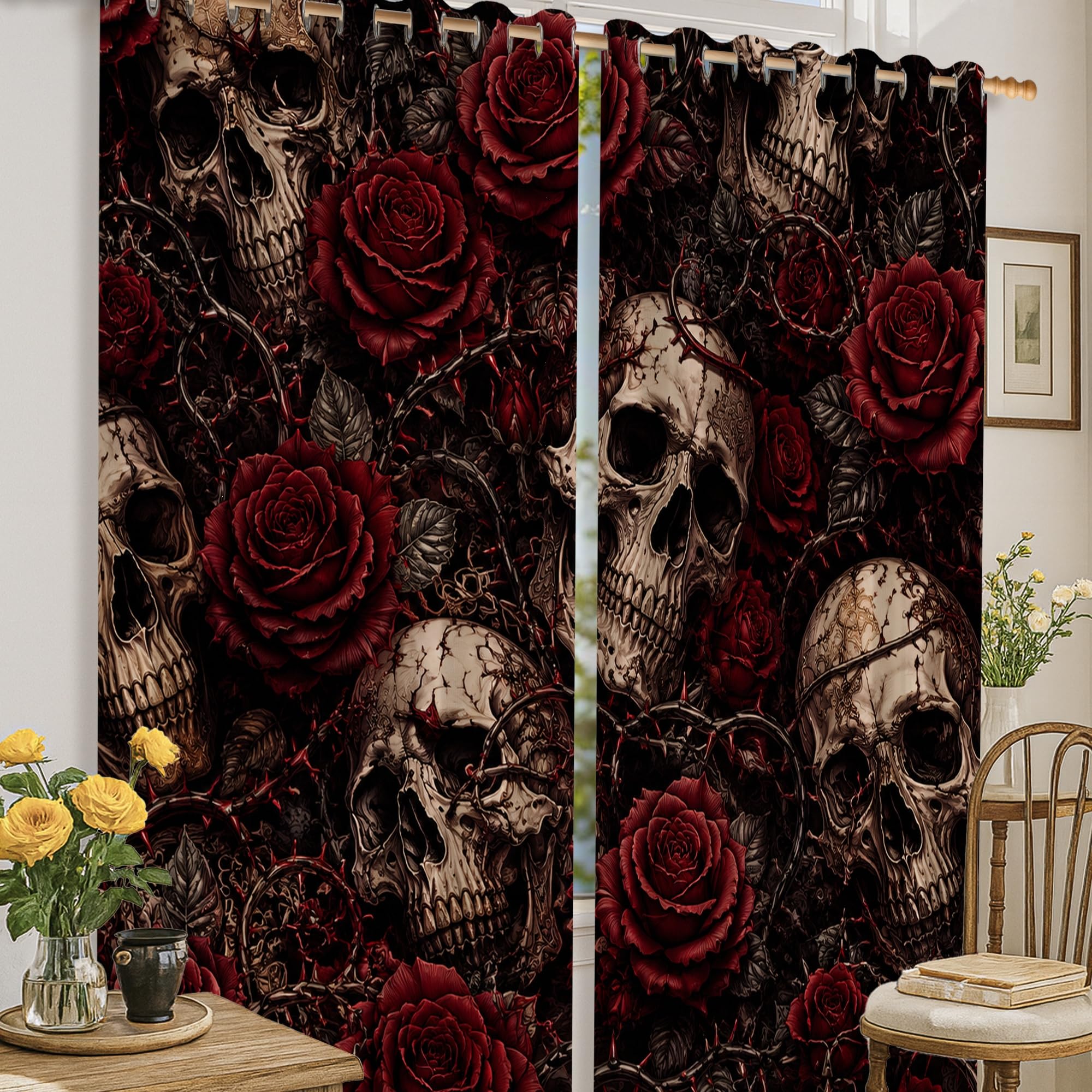 Rideaux occultants gothiques tête de mort rose 132x160cm pour chambre et bureau
