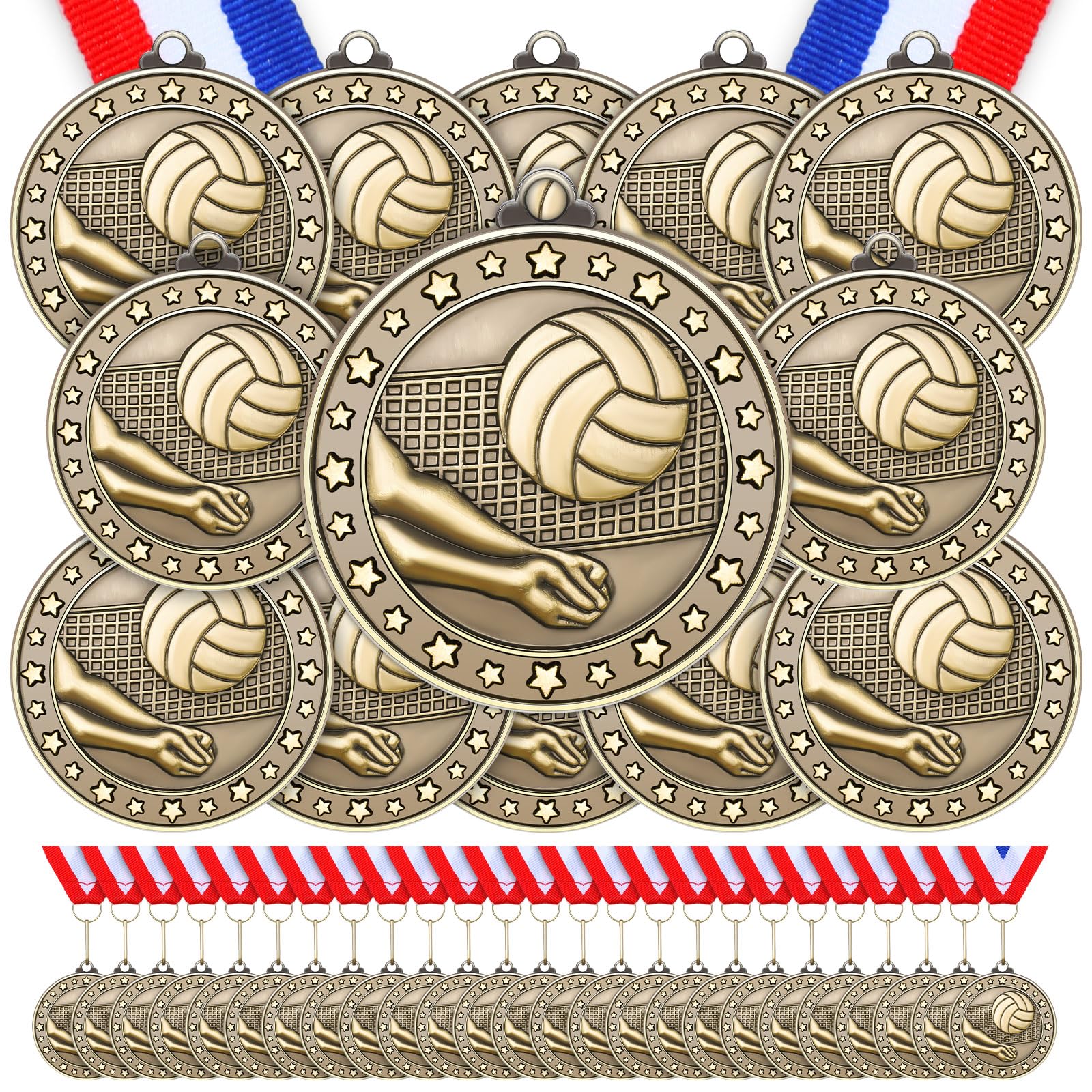 Remuuly 60 Pcs Gold Award Medals 2 Inch Soccer Baseball Volleyball Football Cheer Trophy Medals Metal Awards Bulk with Neck Ribbons Trophy Prize Gifts for Sports Competitions
