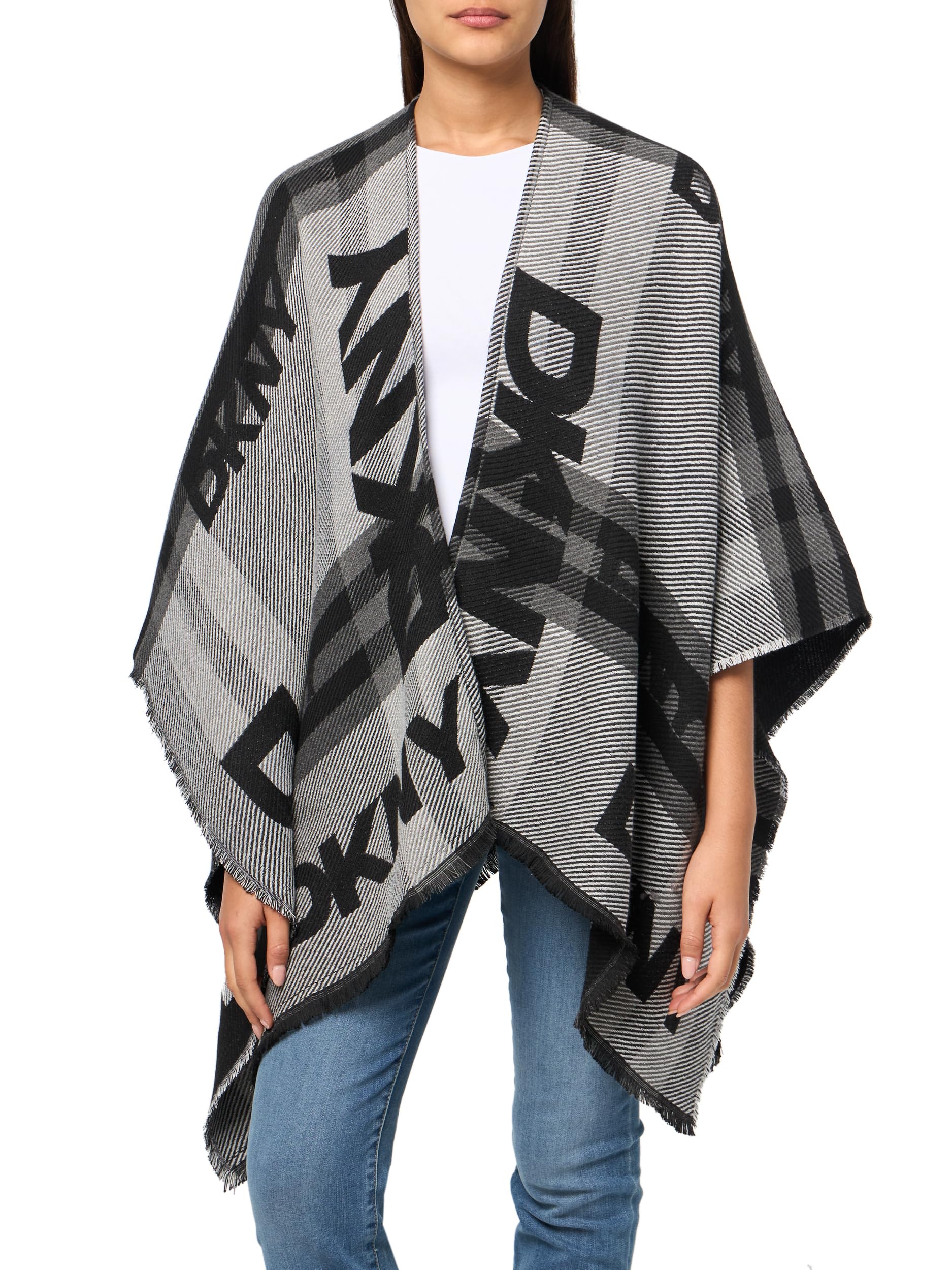 Dkny Women's Black Logo Ruana Taxi Cab Shawl/Wrap, One Size