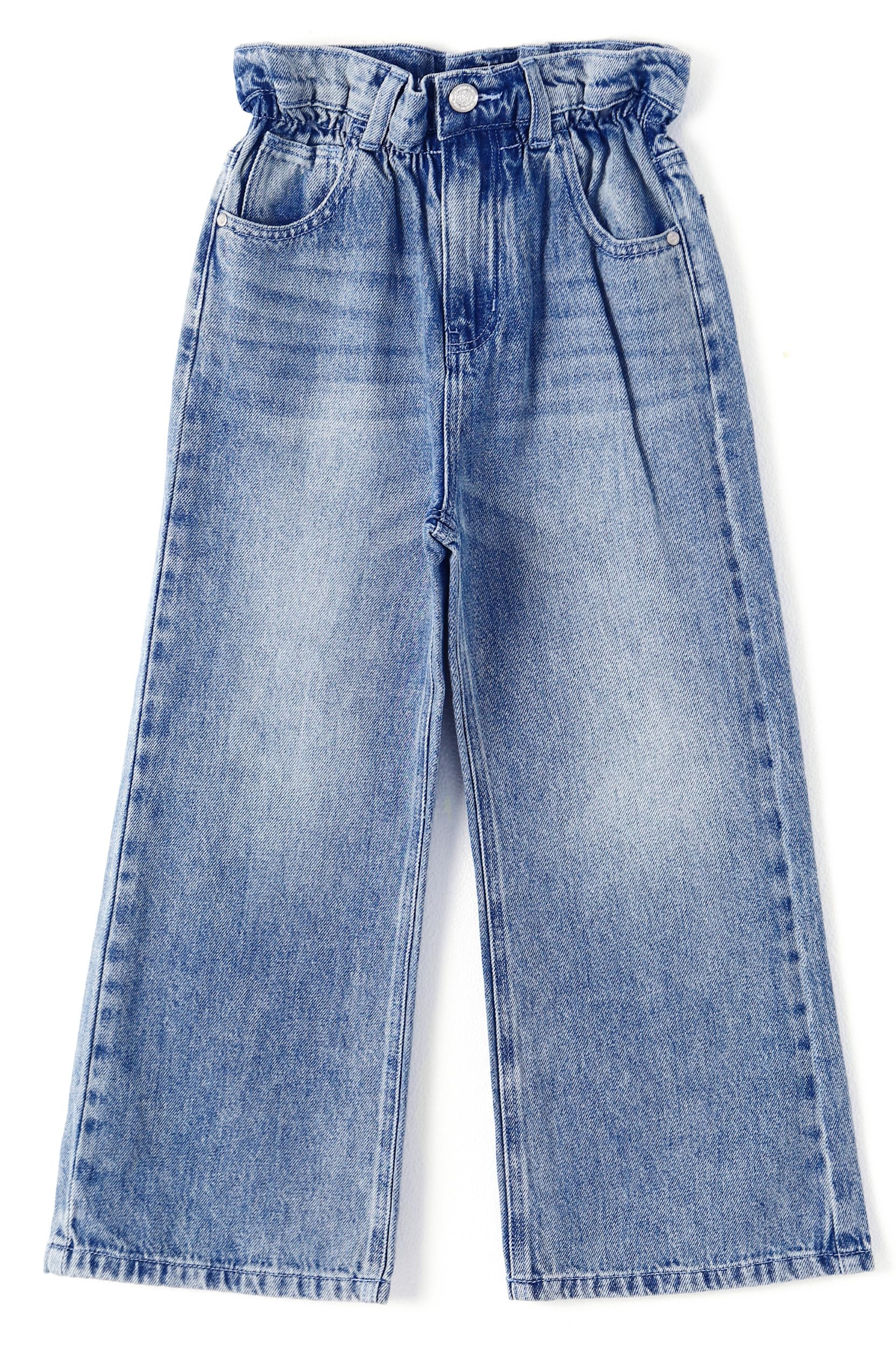 KIDSCOOL SPACE Jeans a gamba larga per ragazze, pantaloni in denim con elastico in vita a fiore di loto increspato