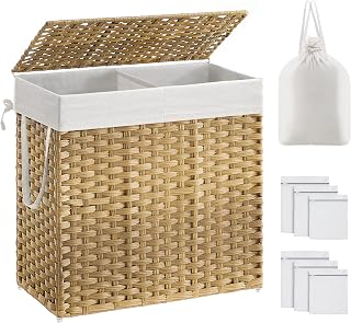 SONGMICS Laundry Basket with Lid, 130L Washing Basket 2 Compartments, Removable Liners with Handles, Handwoven Synthetic Rattan, for Bedroom, Bathroom, Laundry Room, 33 x 66 x 60 cm, Natural LCB253N01