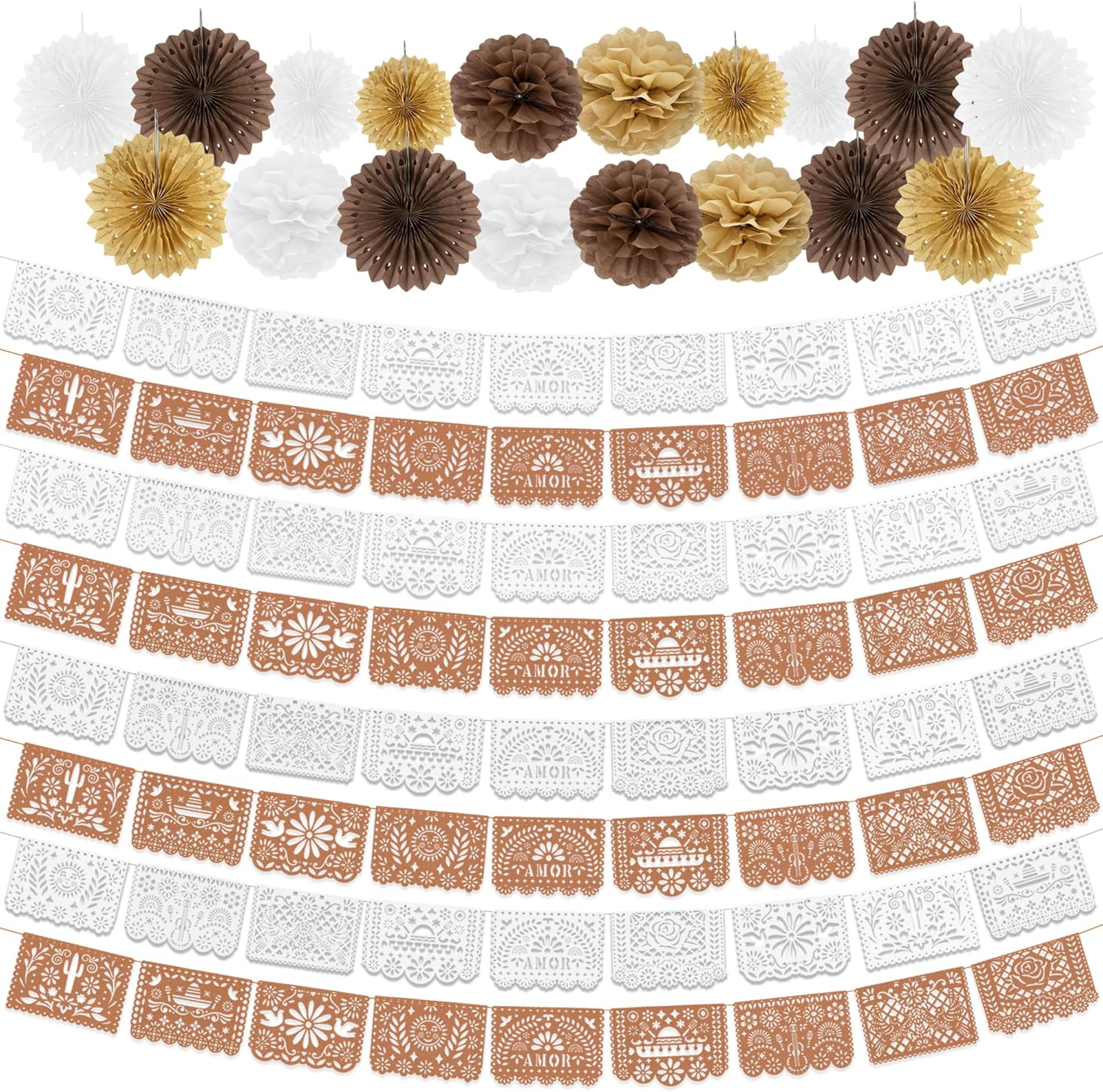 8 Pack Papel Picado Banner, Cielito Lindo Party Decorations with Tissue Paper Fan and Flower, 78Ft White and Barro Small Felt Mexican Fiesta Decoration Banner for Birthday Fiesta Wedding Cinco de Mayo Party