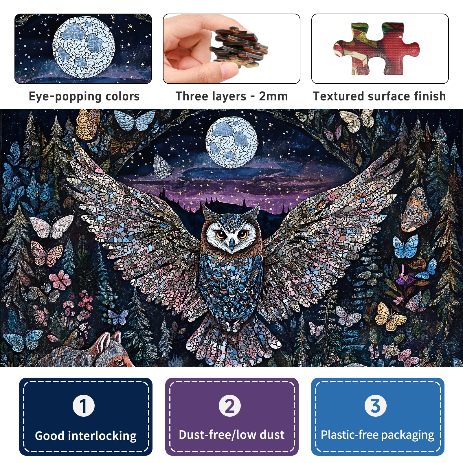 Puzzle da 1000 pezzi per adulti, gufo che si illumina al buio | Enchanted Moonlit Forest Puzzle con farfalle e volpi, stimolante gioco rompicapo a tema natura, 67,6 x 48,8 cm
