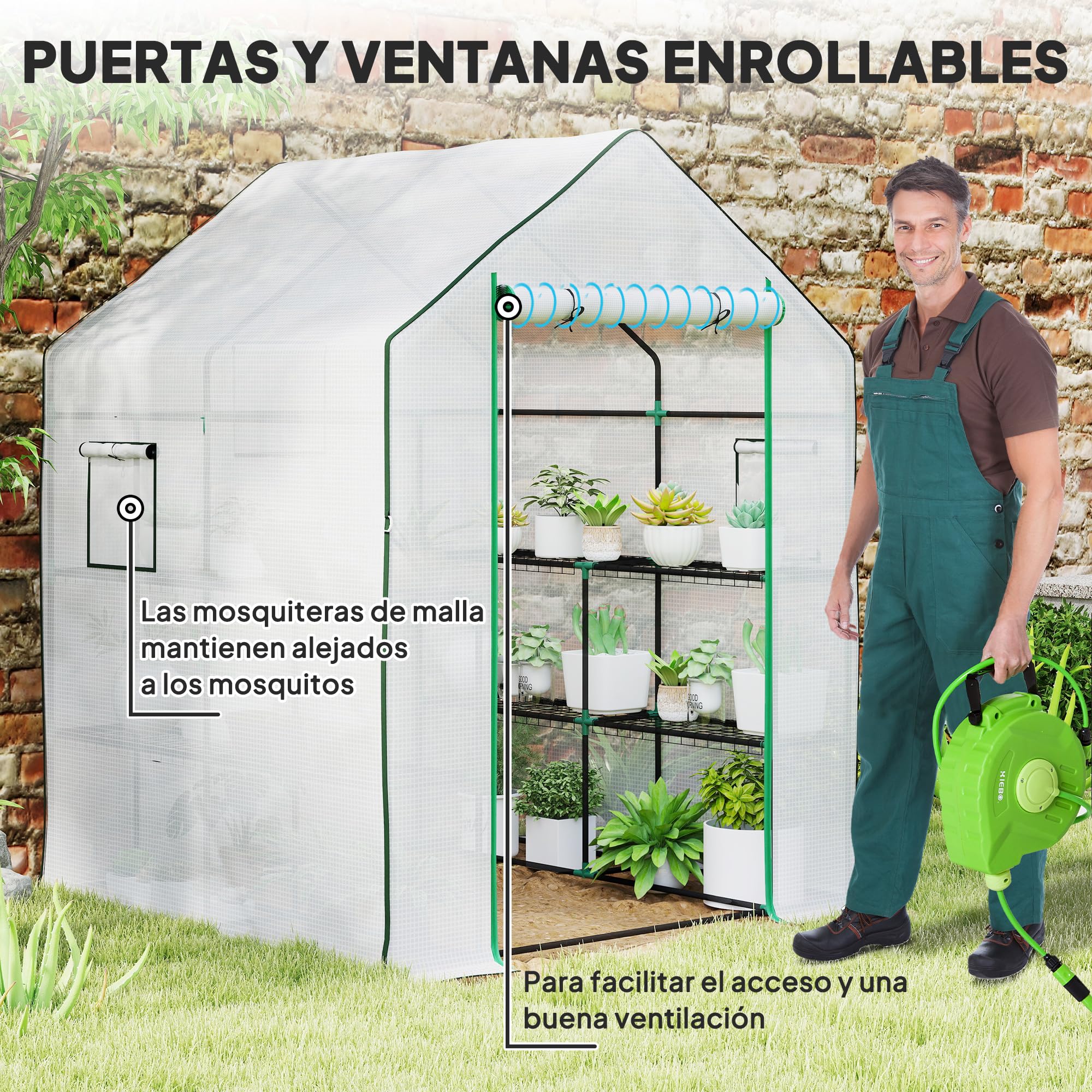 Outsunny Serra tunnel 3 livelli 8 ripiani 140x143x190 cm Bianca | Piccola serra, copertura PE rinforzata, serra da giardino, porta arrotolabile, tre finestre a rete