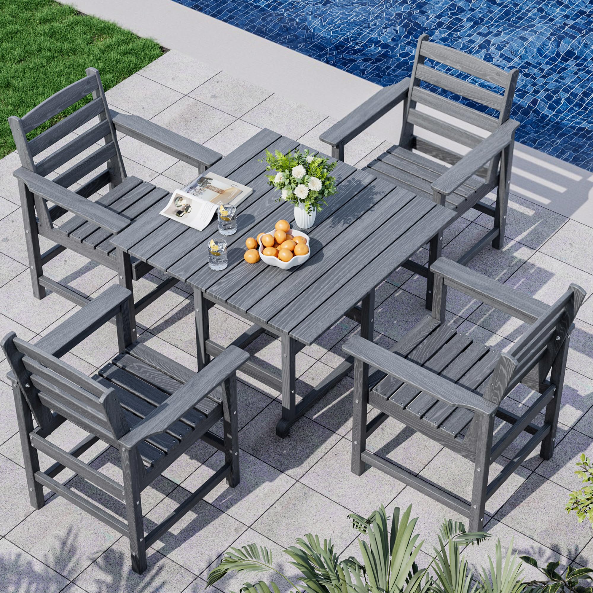 PamapicLife Outdoor HDPE Dining Table Set, 5-Piece All-Weather HDPE Outdoor Table and Chairs with Elegant Armrest, Wood Grain Patio Furniture Sets