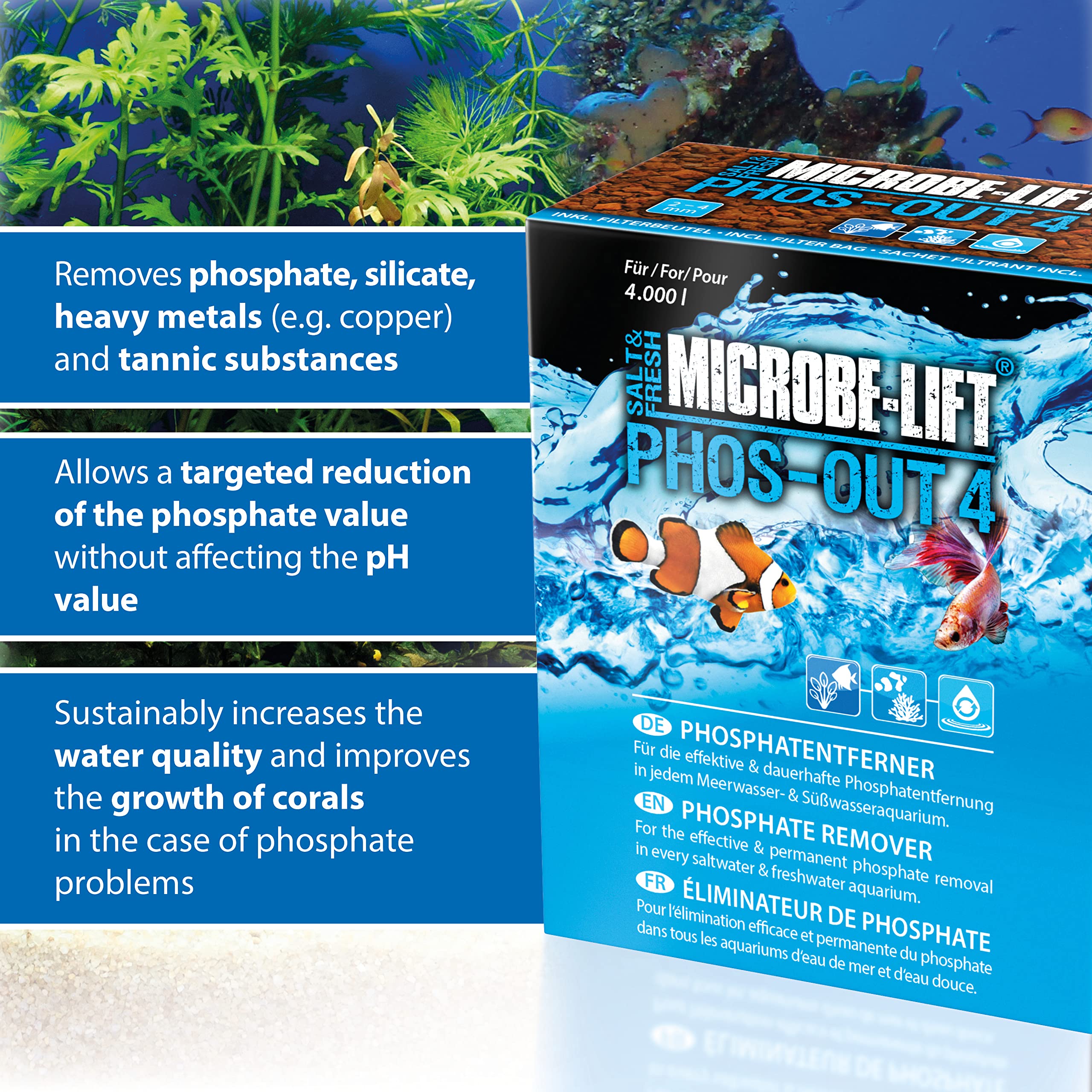 MICROBE-LIFT Phos-Out 4 medium filtracyjne - środek do usuwania fosforanów do wszystkich akwariów, usuwa fosforany, krzemiany, siarczki i substancje żółte, na bazie wodorotlenku żelaza, 312g
