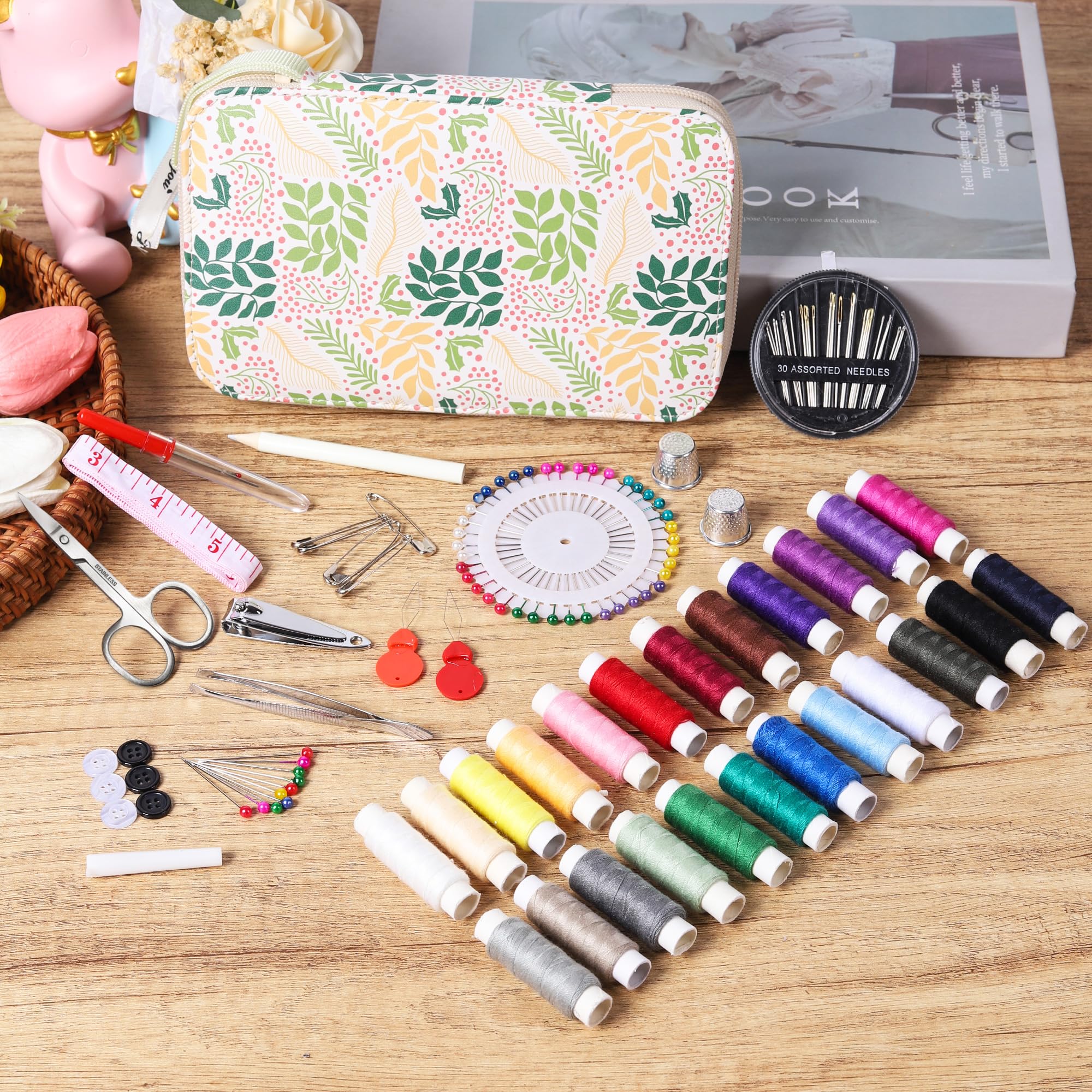 Sewing Kit with Leaf Case, Complete Threads and Needles Set, Basic Sewing Accessories 24Pcs Thread Spool for Adults DIY, Home - Image 3