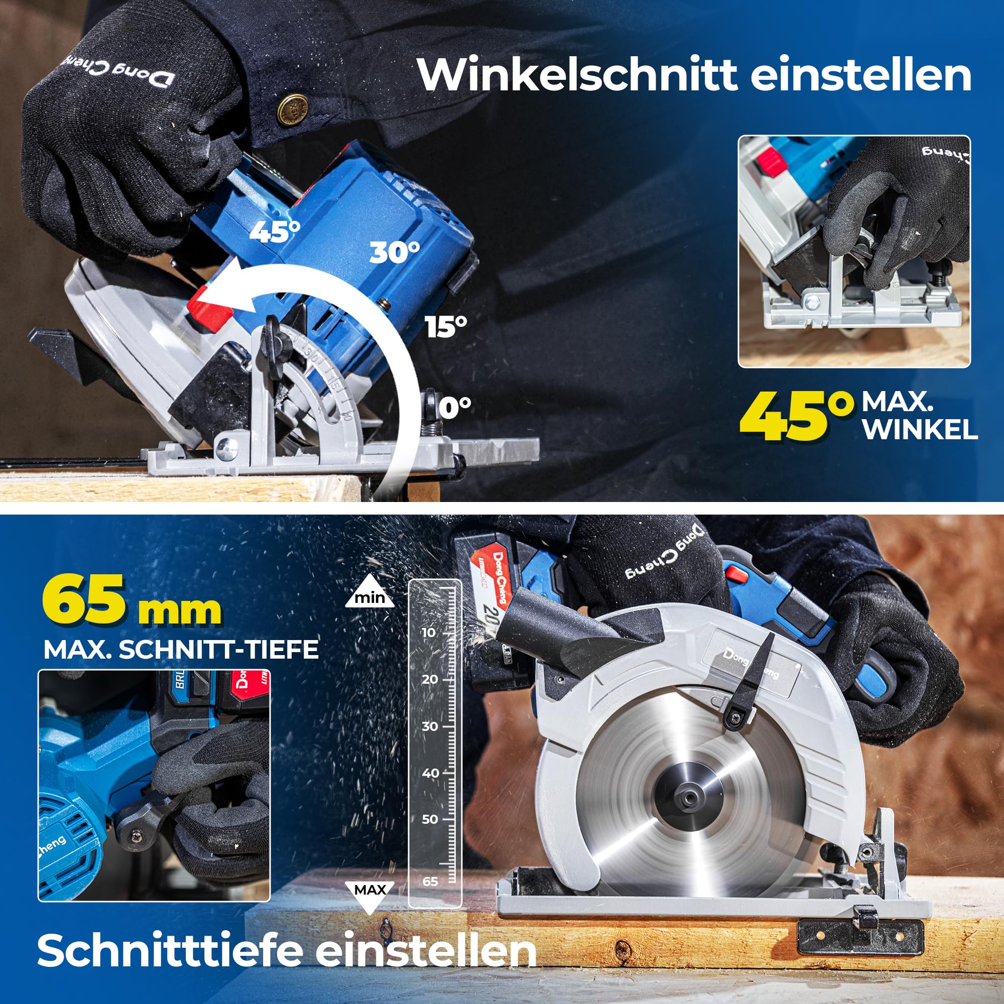 Dong Cheng 20V Sierra circular inalámbrica sin escobillas 185mm, 5000 RPM, capacidad de corte 65mm(90°)/45mm(45°), incl. 3 hojas de sierra 185x20mm, maletín de almacenamiento, batería y cargador