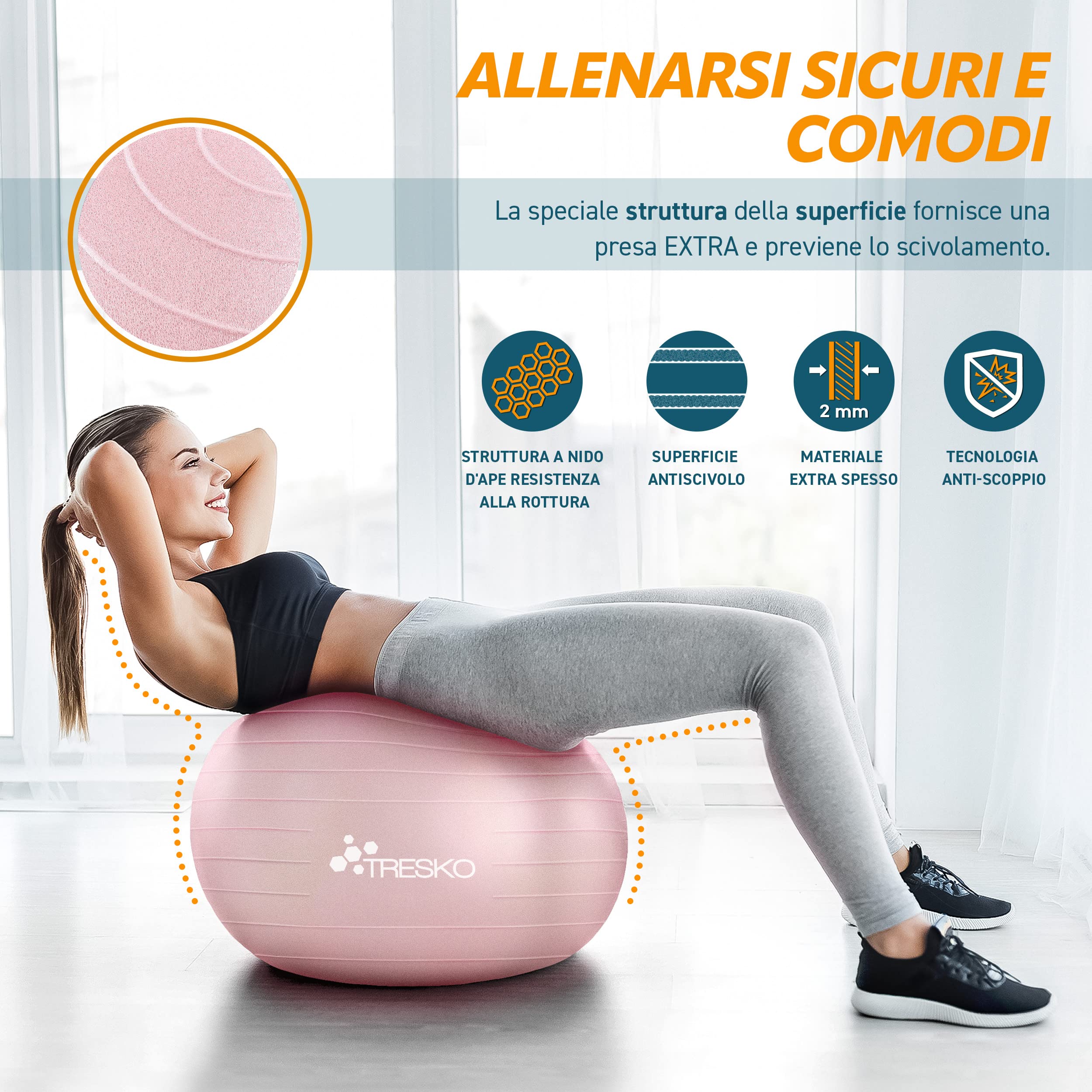 TRESKO Palla Fitness, Palla Pilates Anti-Scoppio 55cm/65cm/75cm/85cm Palla da Ginnastica con Pompa Rapida per Fitness Yoga e Pilates