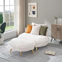 65" Minimalist Corduroy Chaise Lounge with Ottoman,Comfortable Sofa Bed with Pillows,Sturdy Construction Deep Seat Couch with Metal Legs for Apartment,Media Room,Beige,Beige