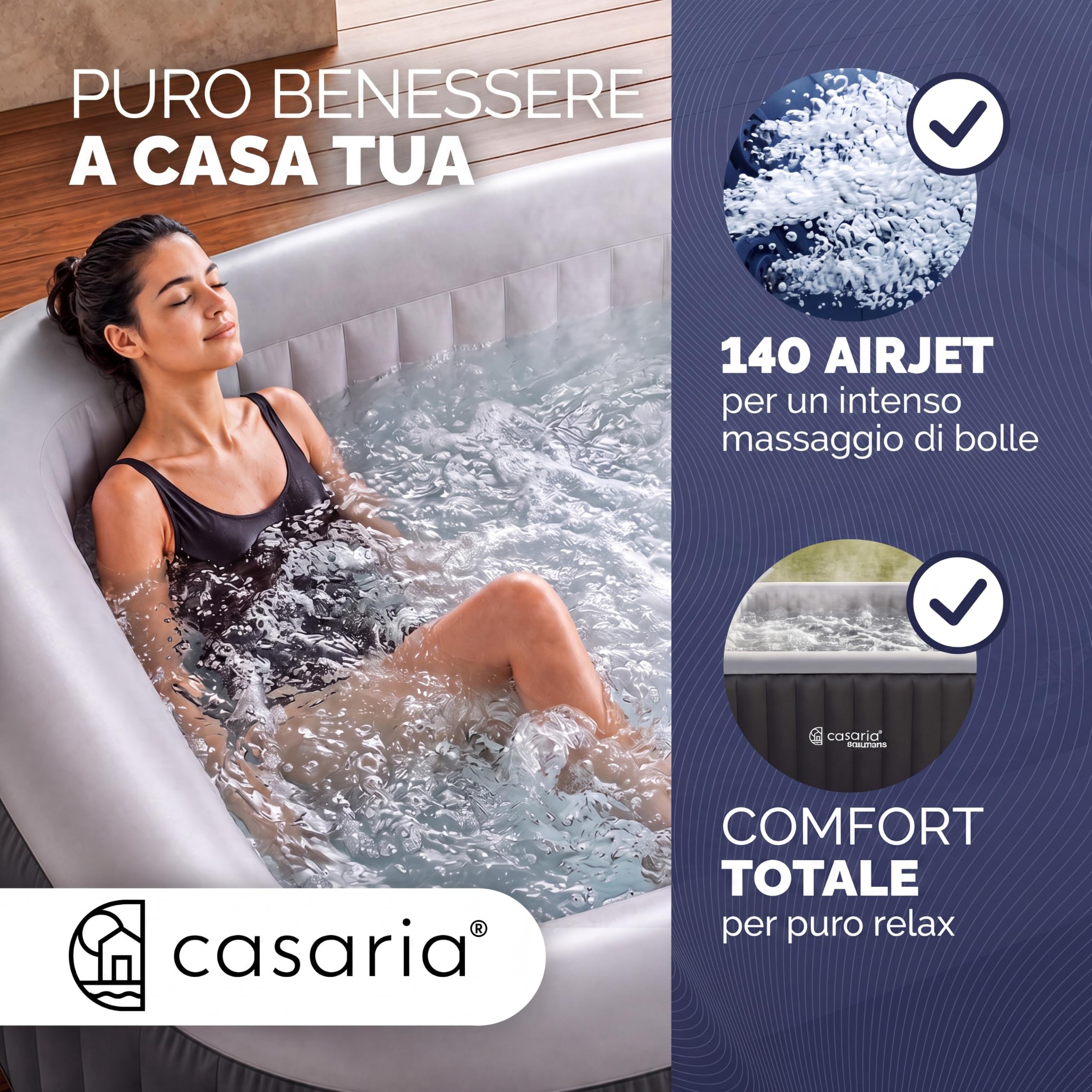 Casaria Piscina Idromassaggio Gonfiabile Quadrata 178 x 178 cm 6 Persone Vasca Spa Esterna Interna 140 Getti Protezione Antigelo con Filtro Accessori