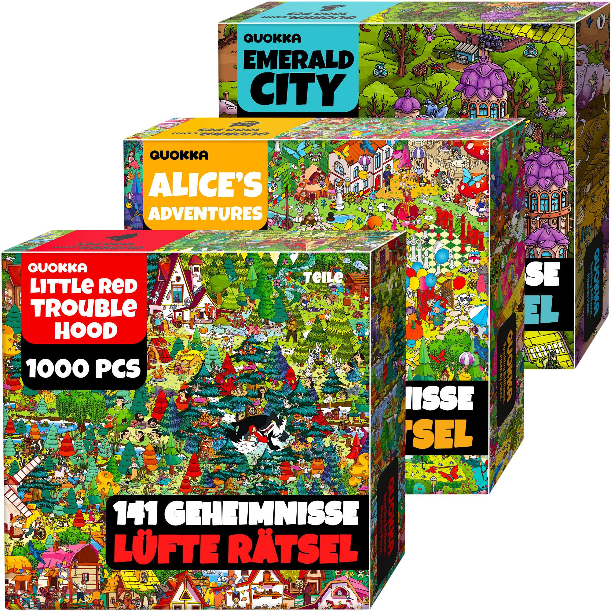 Puzzle für Erwachsene 1000 Teile – 1000-Teile-Puzzles für Erwachsene | 3er-Set Märchenpuzzles – Alice im Wunderland, Smaragdkönigreich und Rotkäppchen – Verborgene Geheimnisse – Kreatives Geschenk