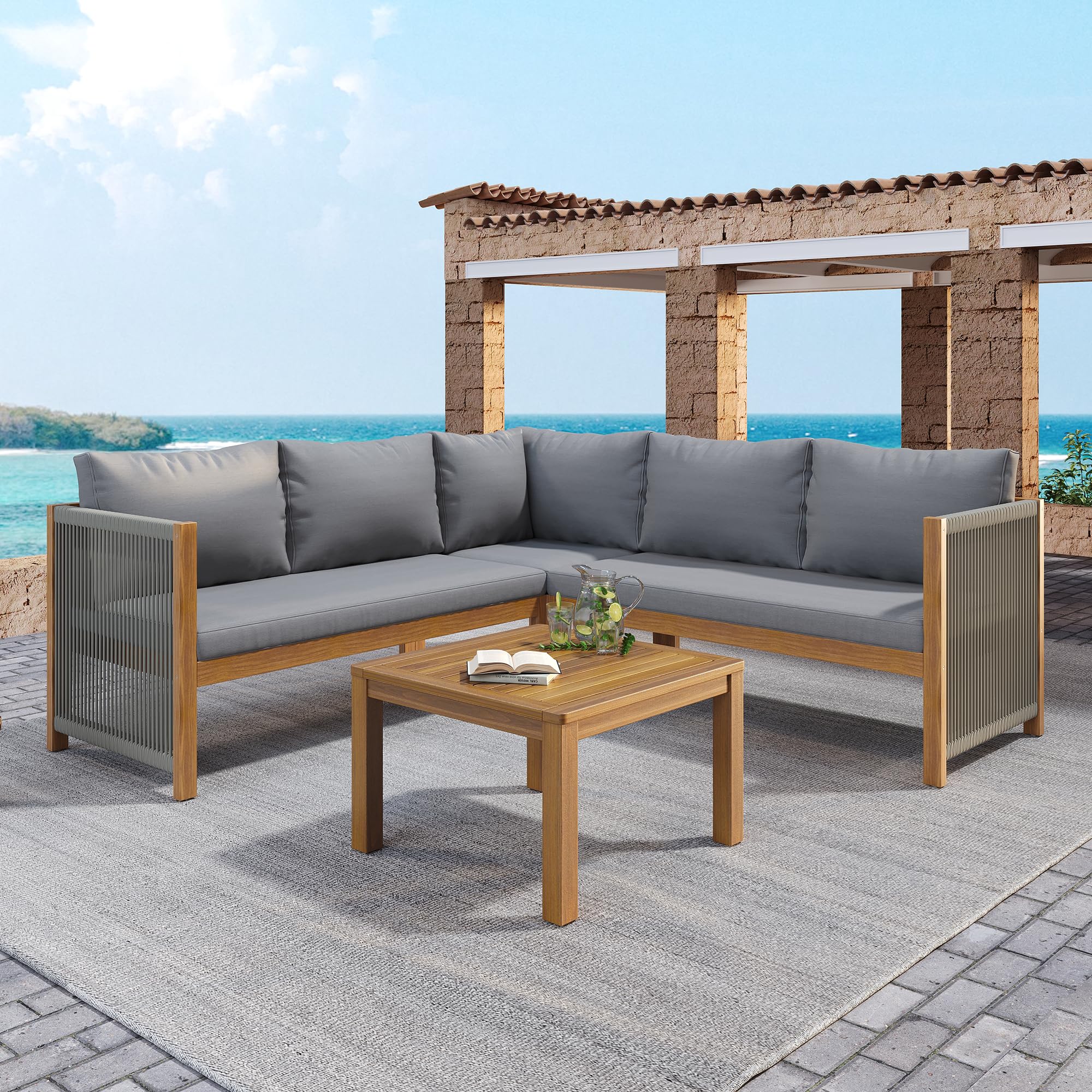 Juego de muebles de jardín para 4-5 personas, exterior jardín terraza con sofá esquinero y mesa de café, 4 piezas, madera de acacia, cuerda trenzada, resistente a la intemperie (gris)