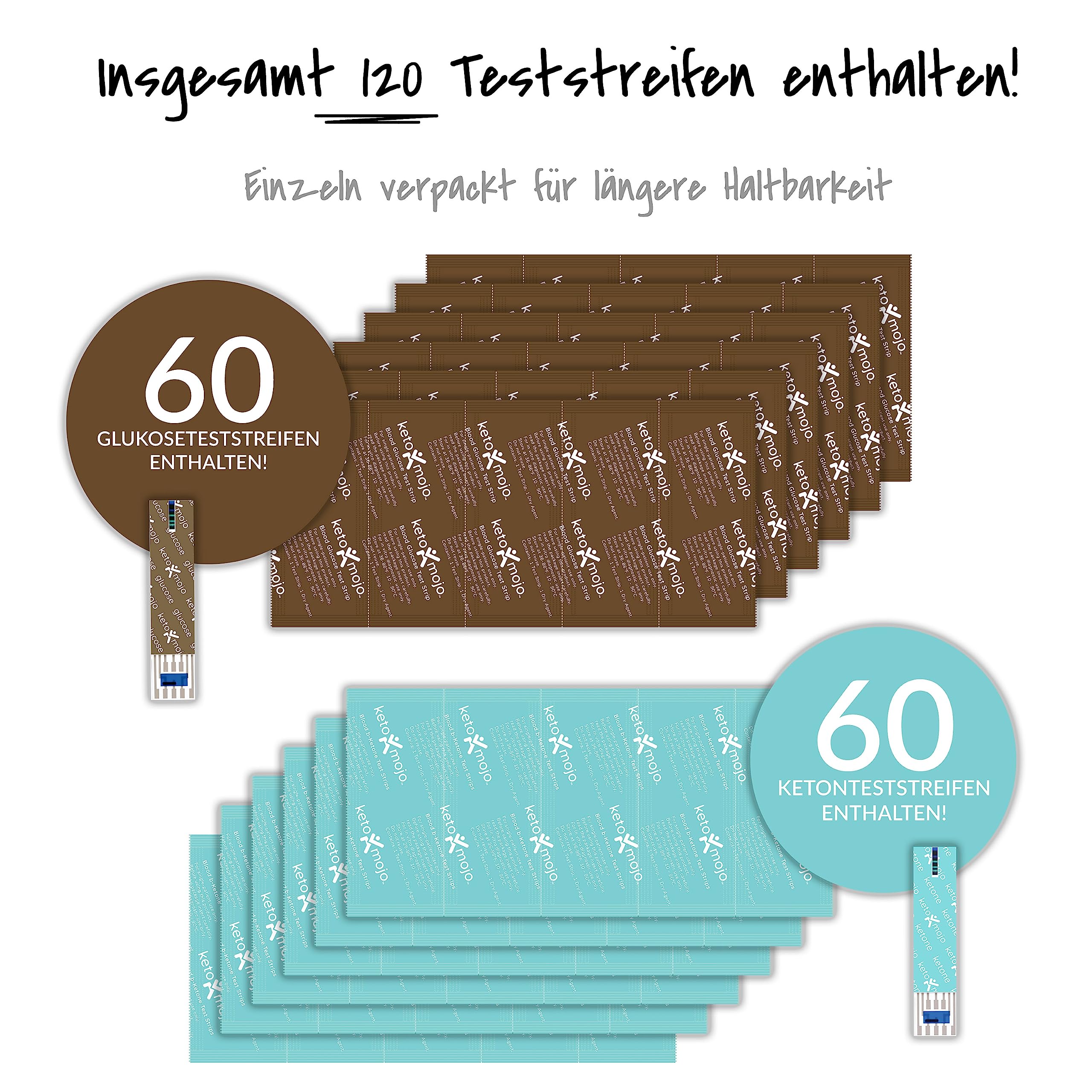 KETO-MOJO Teststreifen-Kombipaket NUR zur Verwendung mit dem GKI-Messgerät | 60 Blutzucker + 60 Blutketon (120ct)