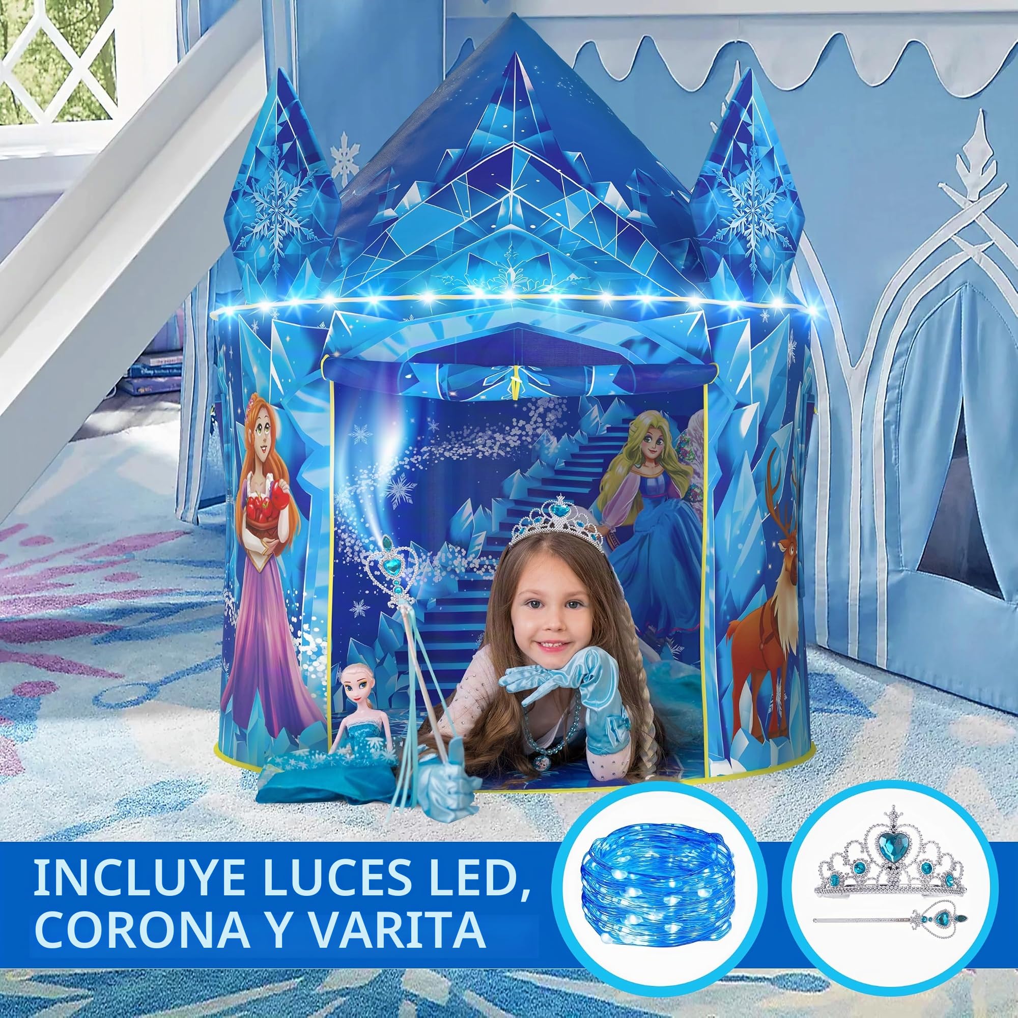 W&O Tienda de princesa Frozen para niñas con botón de sonido mágico, luces LED, corona y varita, campaña con juguetes congelados