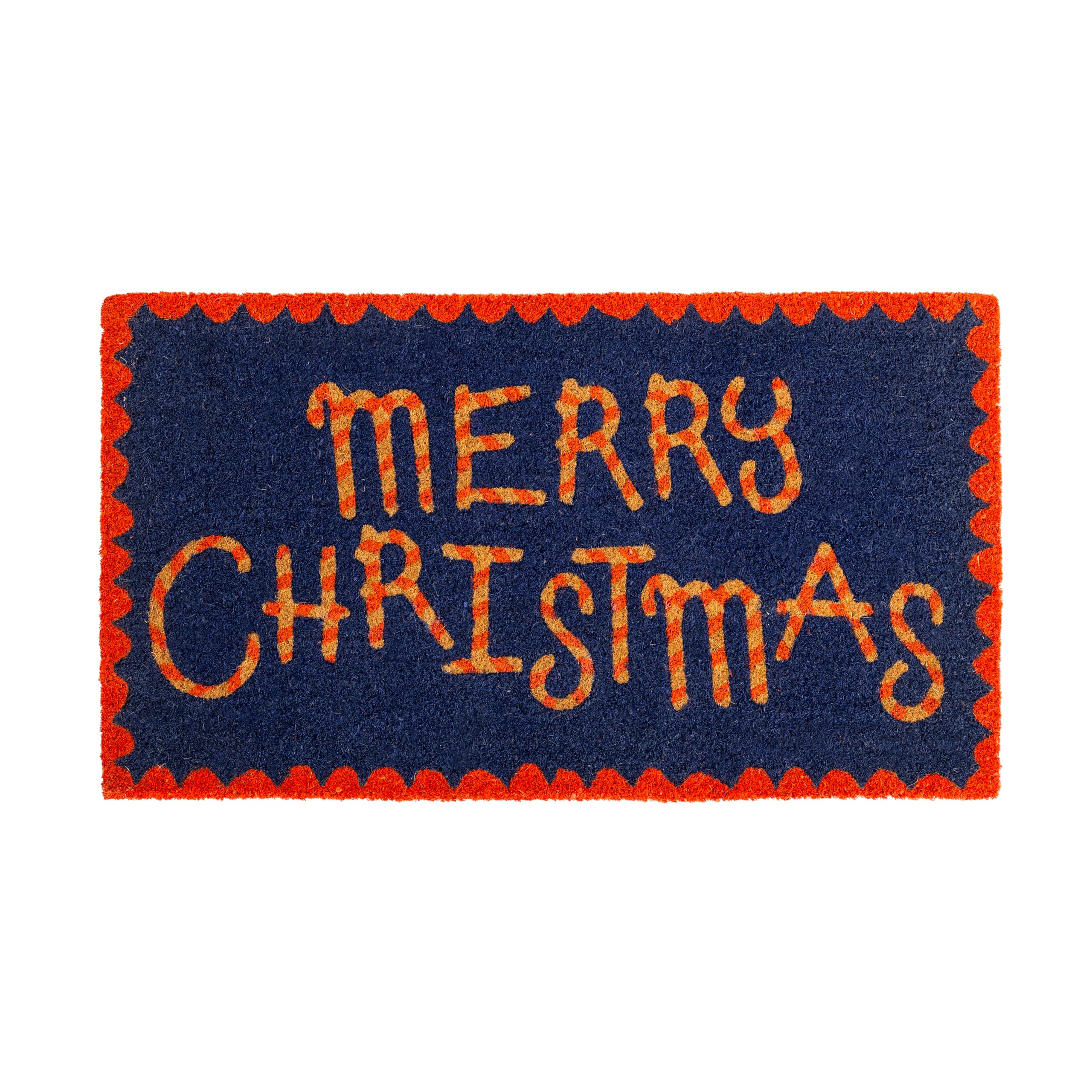 Fisura – Felpudo Entrada casa “Merry Christmas” de Coco con Base Antideslizante de PVC. Felpudo de Navidad Azul y Rojo. Felpudo Exterior Original. Pintado a Mano. Medidas:70 cm x 40 cm