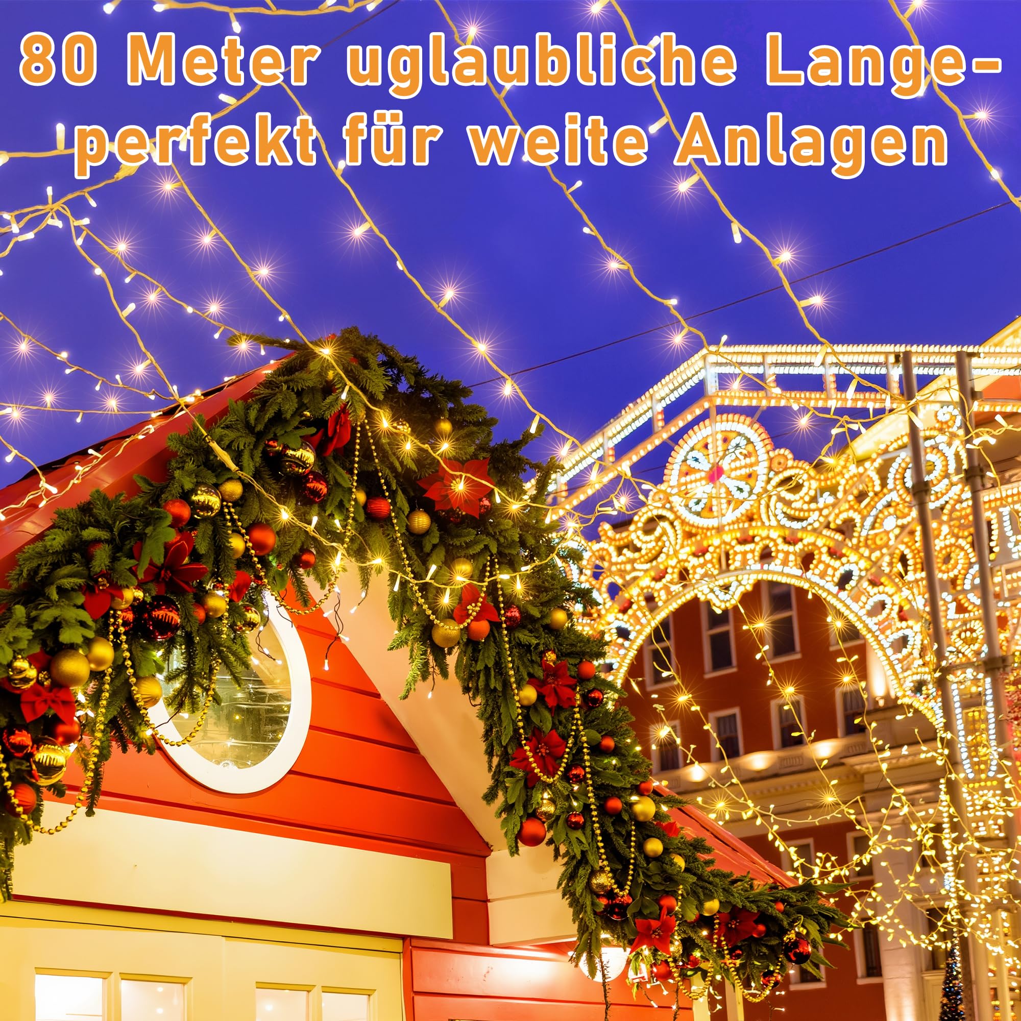 HeiPard Lichterkette Außen Innen 80m 800LED, Warmweiß LED Lichterketten Outdoor Strom mit mit Fernbedienung Timer Dimmbar, 8 Modi IP44 Wasserdicht String Lights für Garten Balkon Hochzeit Party