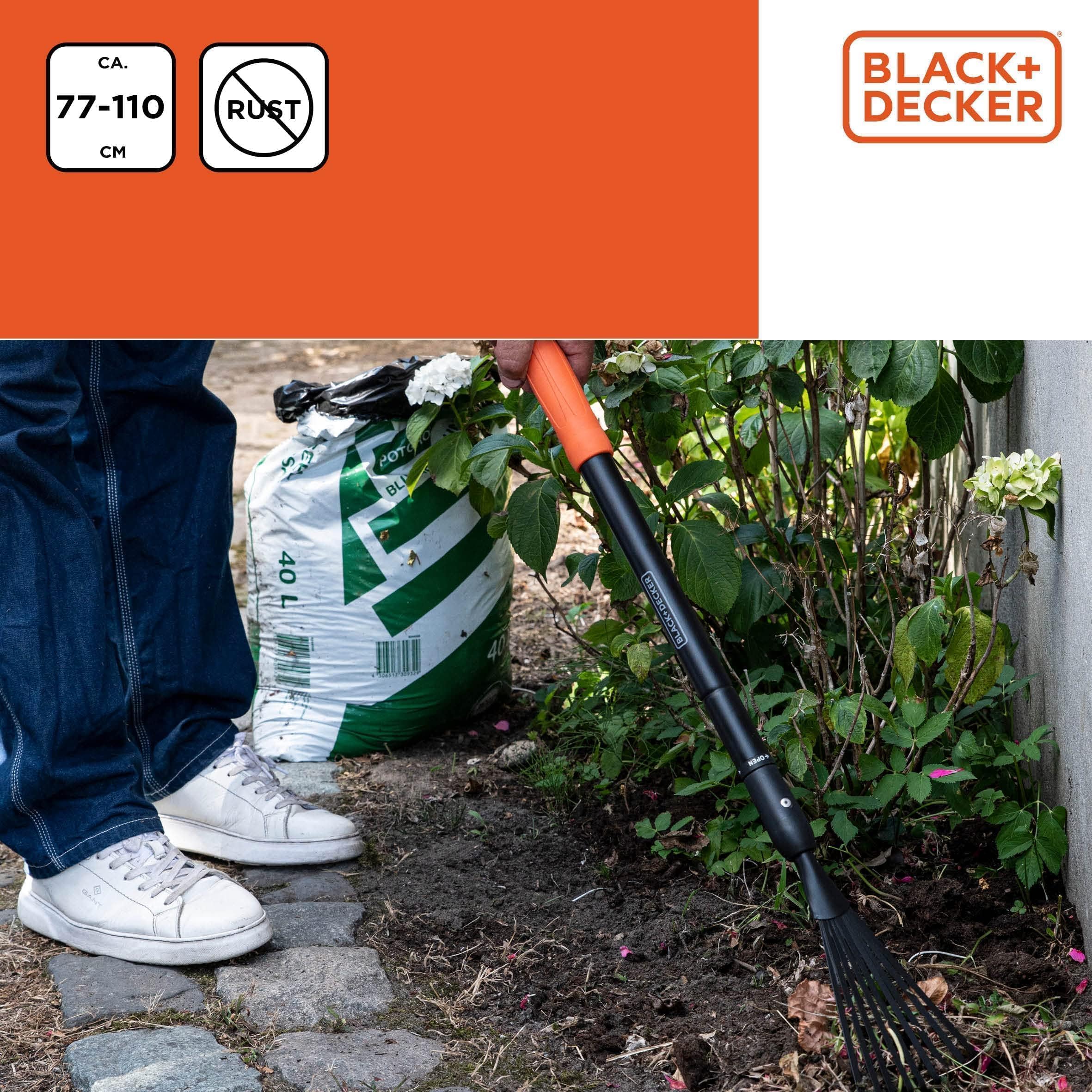 BLACK+DECKER Laubrechen BXGTTO7050 – Regolabile da 77 a 110 cm – Rastrello – Rastrello – Resistente alla ruggine – Nero/Arancione