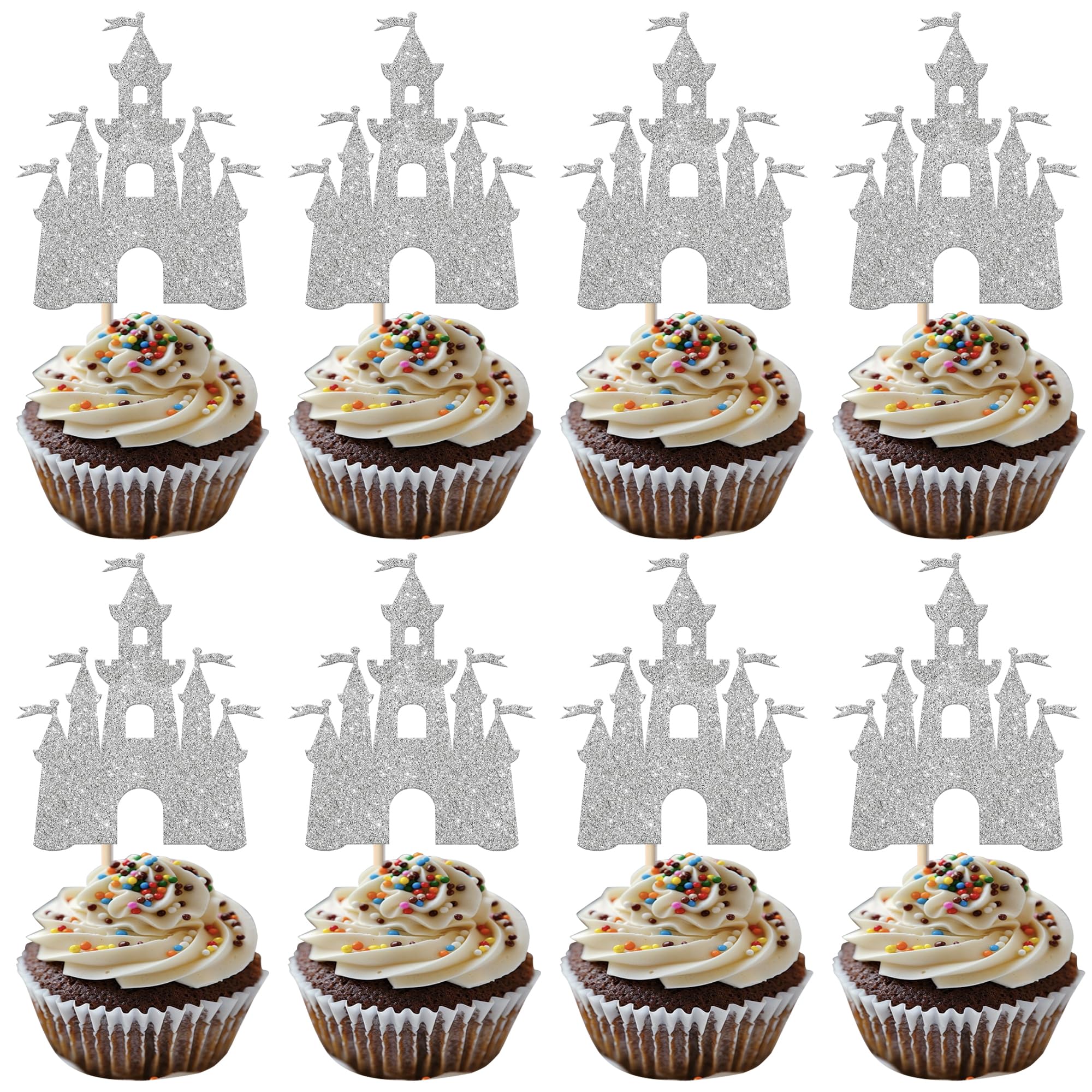 Xsstarmi 24 Pack Castle Cupcake Toppers Sticks Glitter King Queen Prince Princess Castle Cupcake Picks for Baby Shower Kids Birthday Party Cake Decorations Supplies Silver