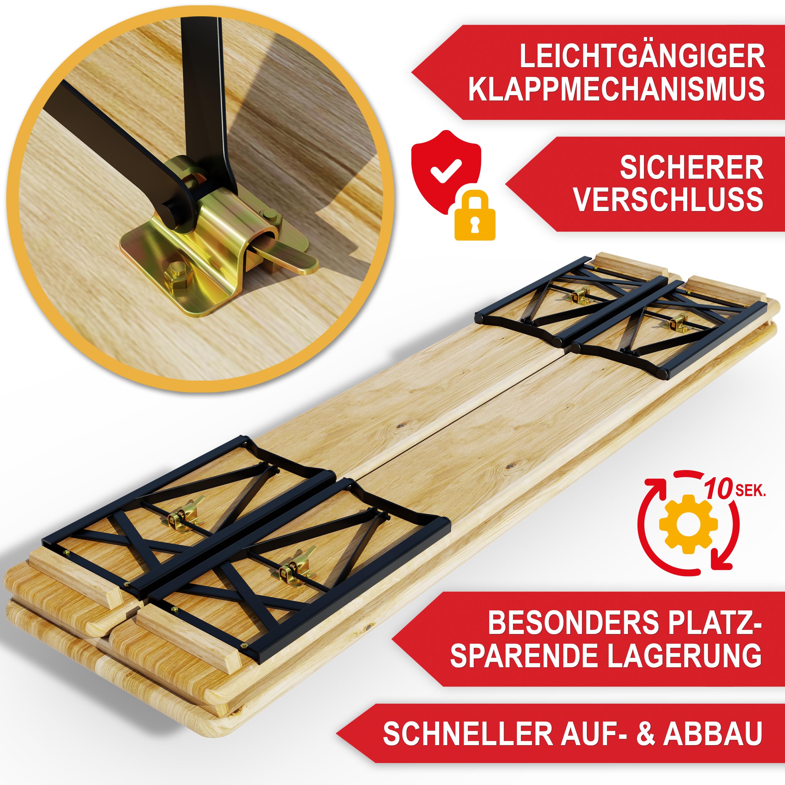 Onbest Bierzeltgarnitur für 8 Personen – 3 teilig – Modernes schwarzes Gestell – Tisch & 2 Bänke im Set – Biertischgarnitur mit Bodenschoner – klappbar – Holz lackiert – 177 x 46 x 75 cm