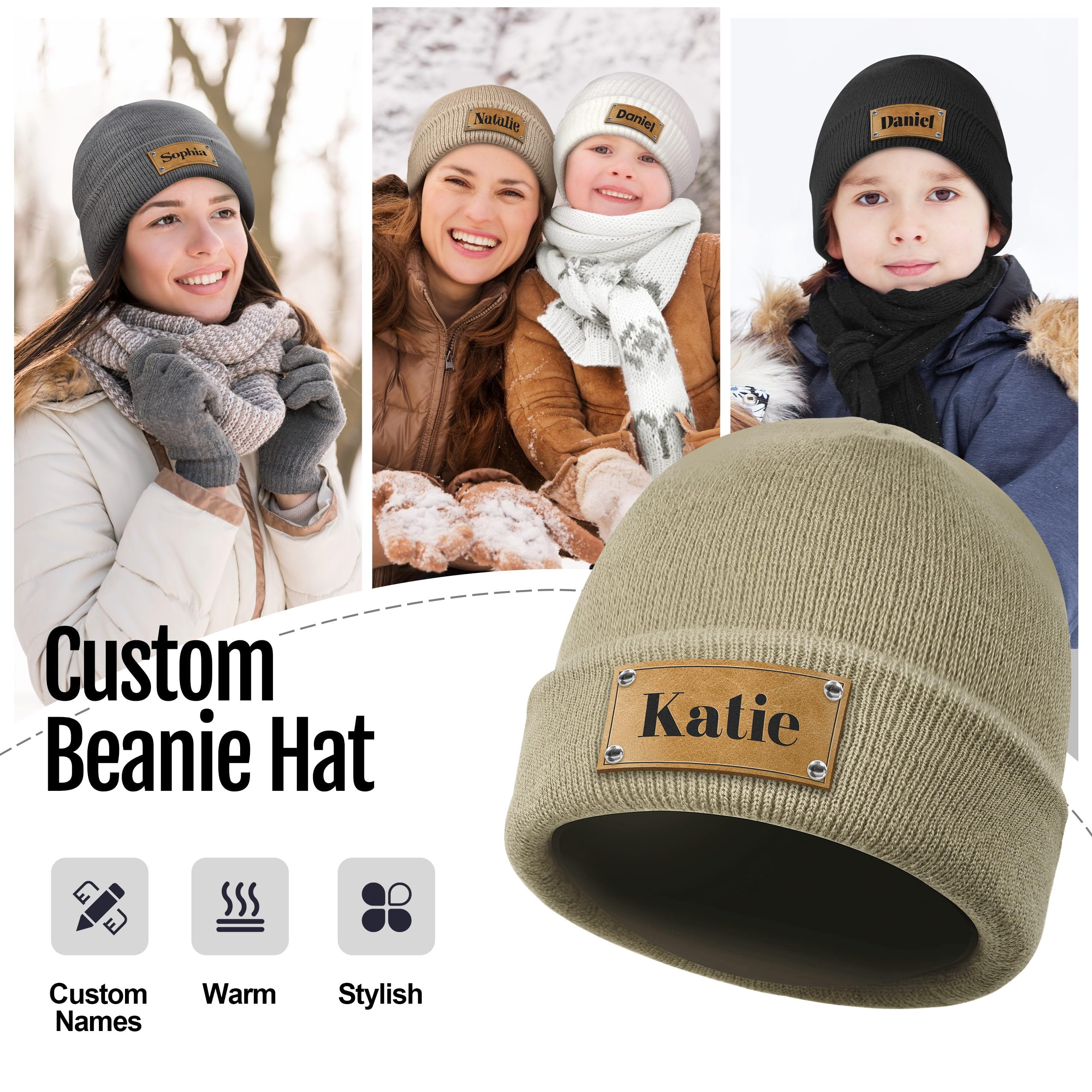 Custom Winter Knit Beanies | Personalized Leather Patch Hats | Matching Hats for Family | Warm Knit Caps for Kids, Teenagers and Adults | Beige