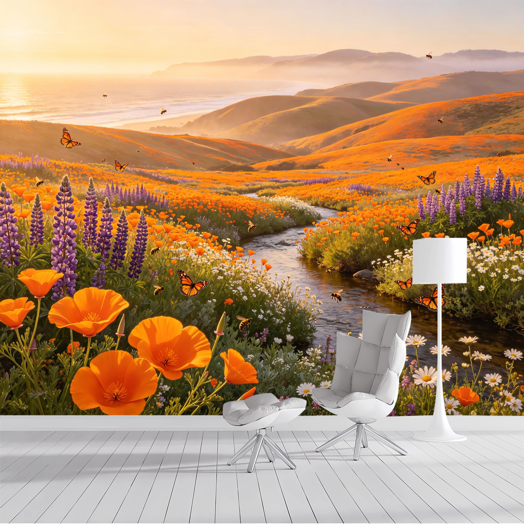 Custom Size Wall Mural California Poppy Field Butterflies Bees Stream Watercolor Landscape SelfAdhesive Wall Fabric Removable Peel and Stick Wallpaper for Living Room Bedroom Bathroom