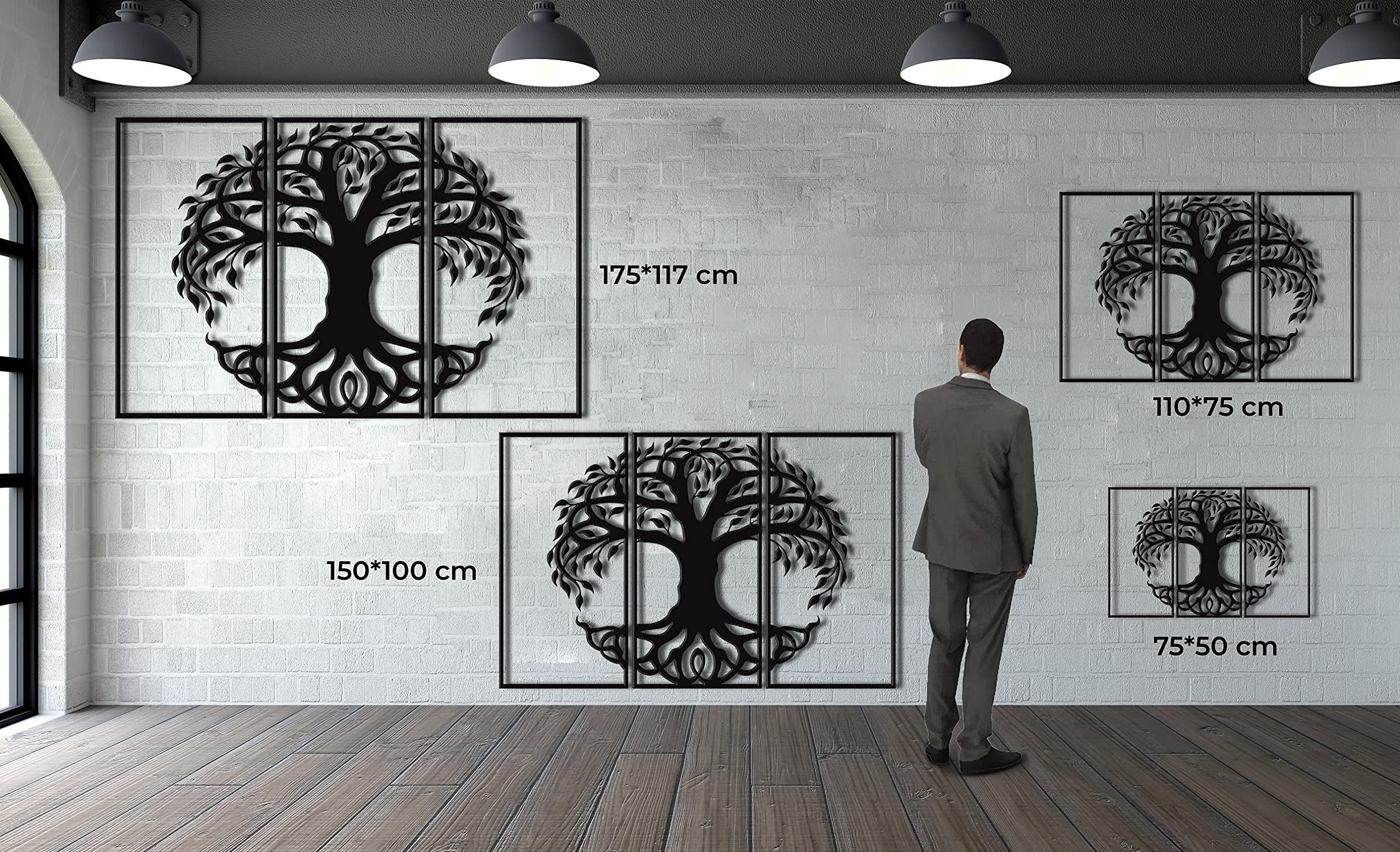 Decoración de pared de metal, árbol genealógico 3 piezas, decoración del hogar, sala de estar, letrero de pared, (175 x 117 cm)