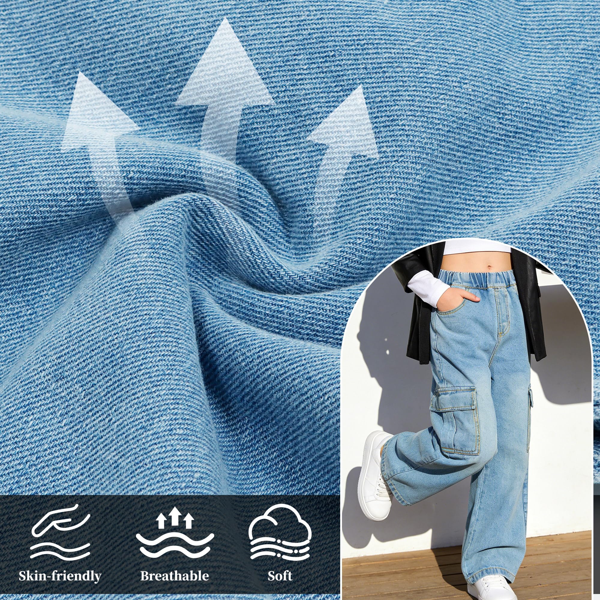 Vaqueros Cargo para Niña Baggy Cintura Elásticos Denim Jeans Pierna Anchos Pantalones Largo Stretch Múltiples Bolsillos Casual Moda 7-15 Años