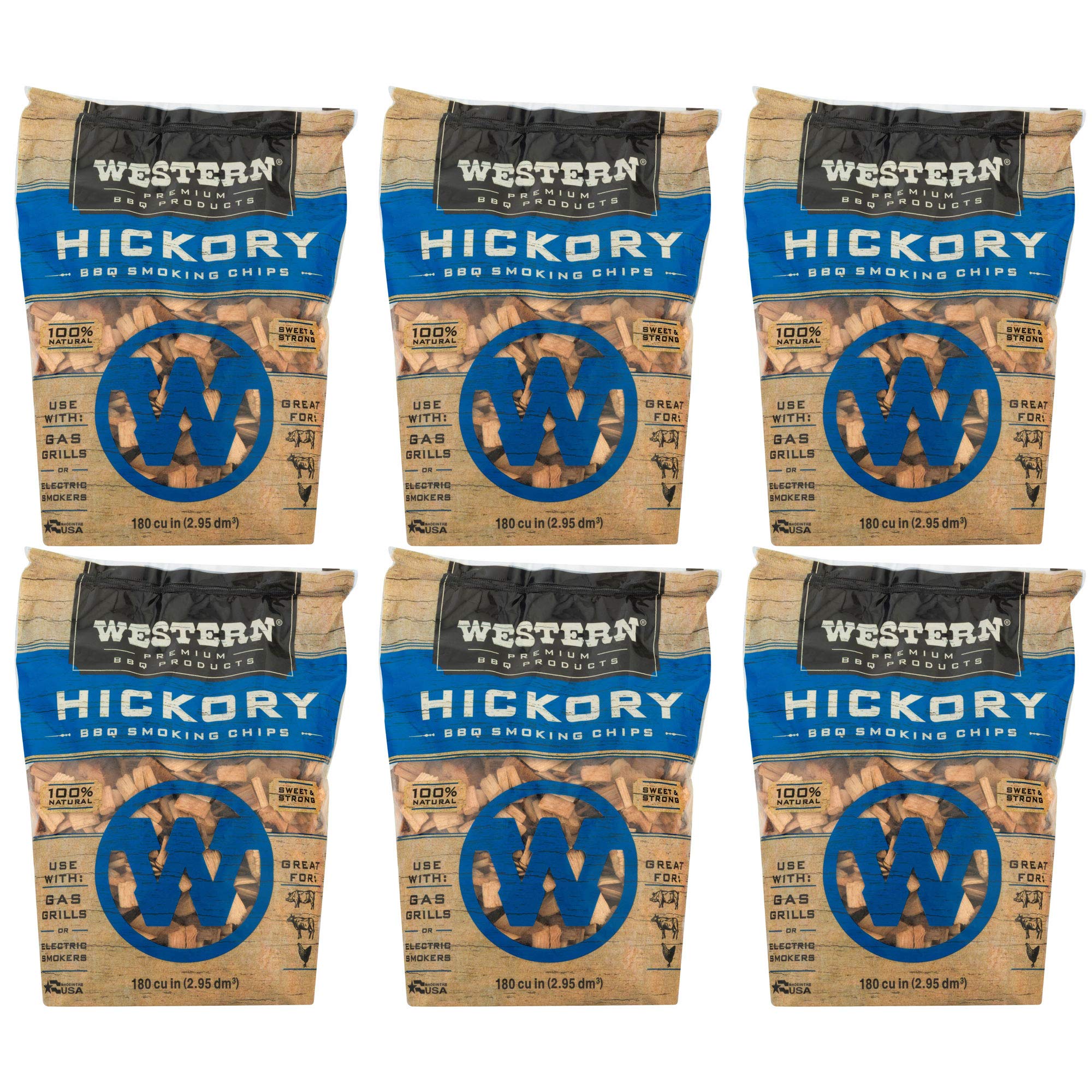 Western Premium BBQ 180 Cubic Inch Hickory Barbecue Flavorful Heat Treated Grilling Smoking Wood Chips for Charcoal Gas and Electric Grills (6 Pack)