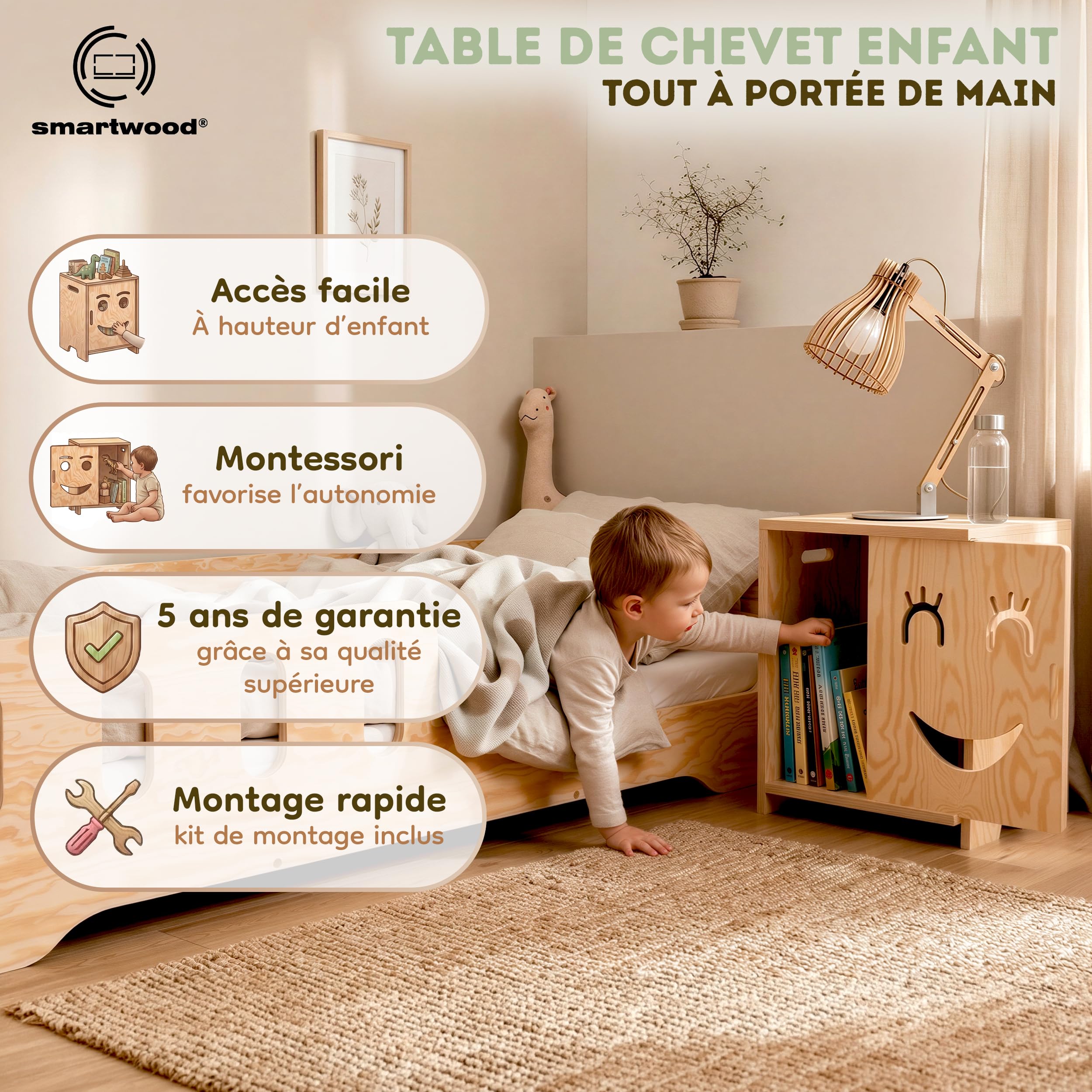 smartwood Table de Chevet Enfant - Table de Nuit Montessori en Contreplaqué de Pin Certifié FSC - Design adapté aux Enfants, Construction Stable & Montage Facile - KAPI 3P
