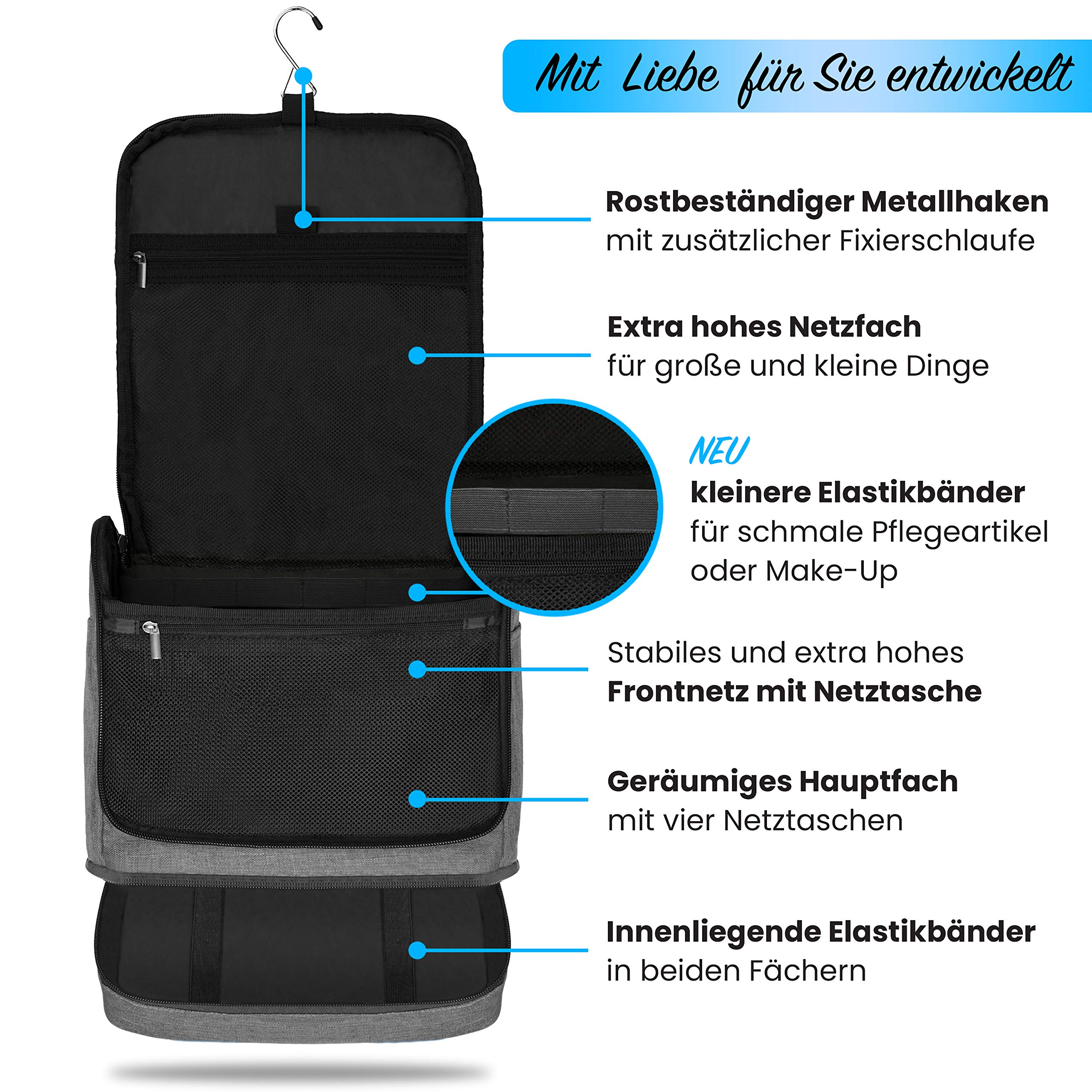 Bolsa de Aseo para Colgar Hombres y Mujeres | Neceser cosmético Hombre Grande Mujer para Maletas y Equipaje de Mano