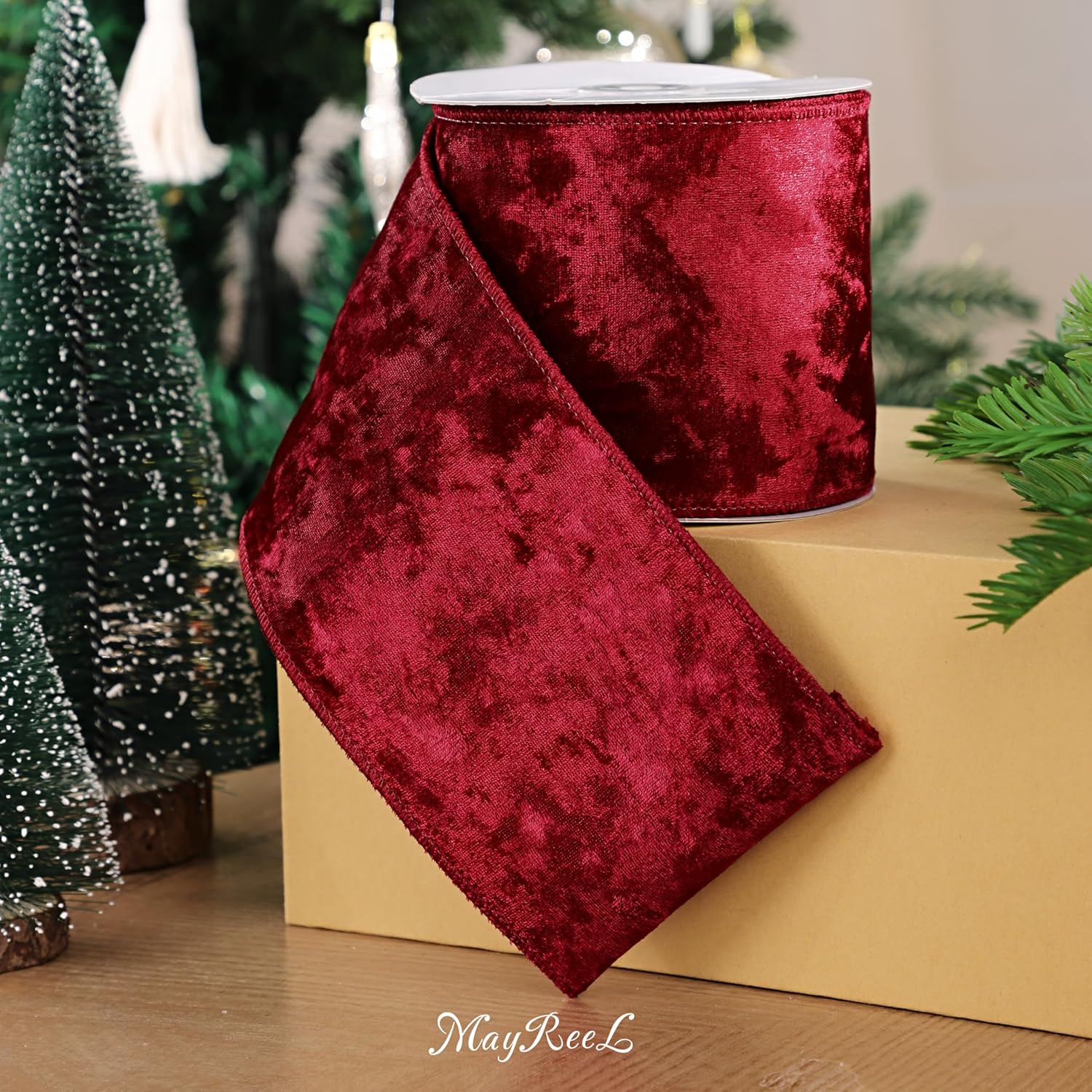 MAYREEL 4 Inch Burgundy Crushed Velvet Ribbon Wired Extra Wide for Christmas Decorations Gift Wrapping Wreaths Tree Toppers 10 Yards