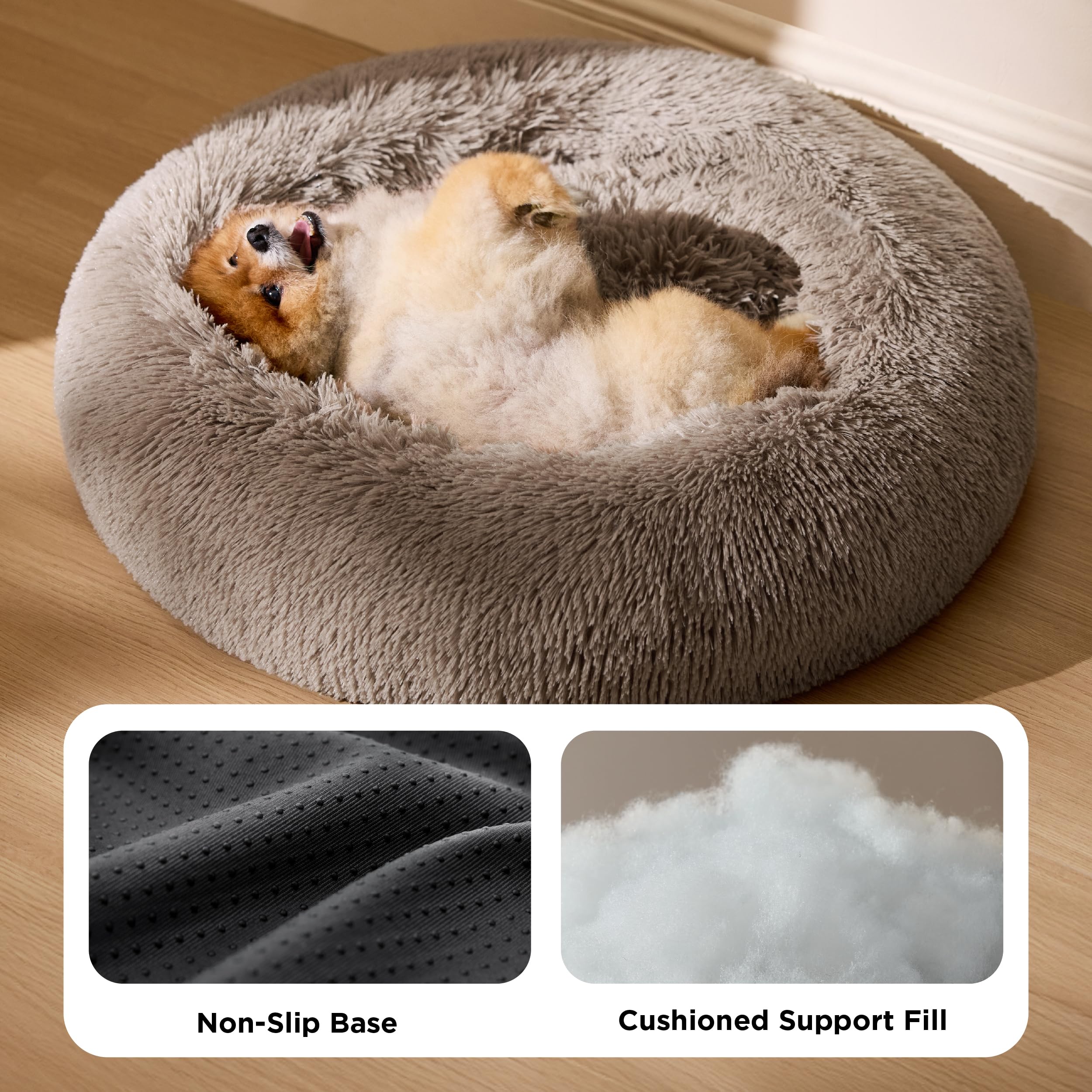 Bedsure Lit pour Chien Lavable - Ø 60 cm lit pour Chat Moelleux, Espace de Sommeil pour Chats et Petits Chiens, Coussin Rond en Peluche, lit Douillet, Camel